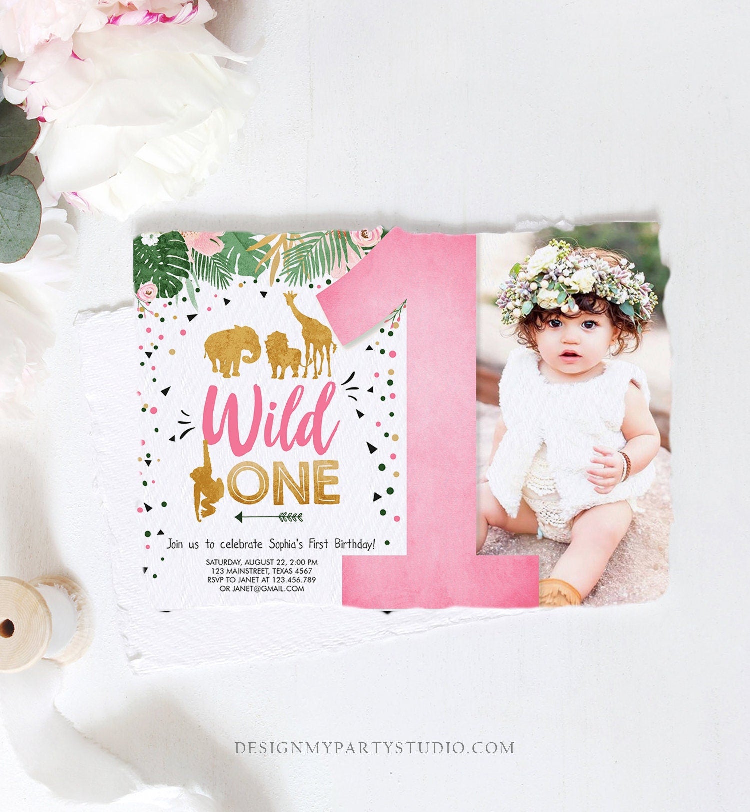 Editable Wild One Birthday Invitation Girl Safari Animals Jungle Zoo Party Animals Pink Gold Instant Download Printable Corjl Template 0016