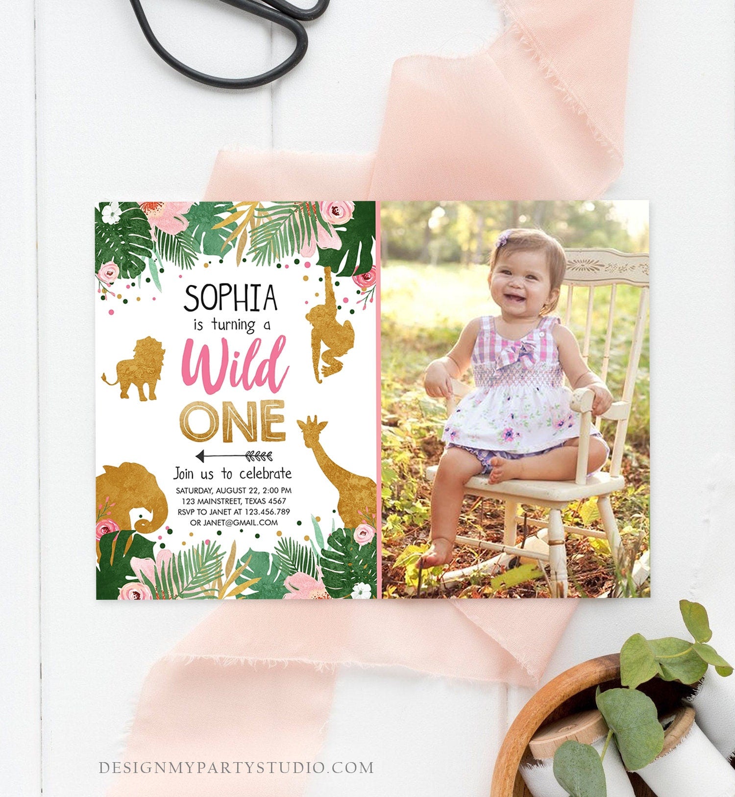 Editable Wild One Birthday Invitation Girl Safari Animals Jungle Zoo Party Animals Pink Gold Instant Download Printable Corjl Template 0016