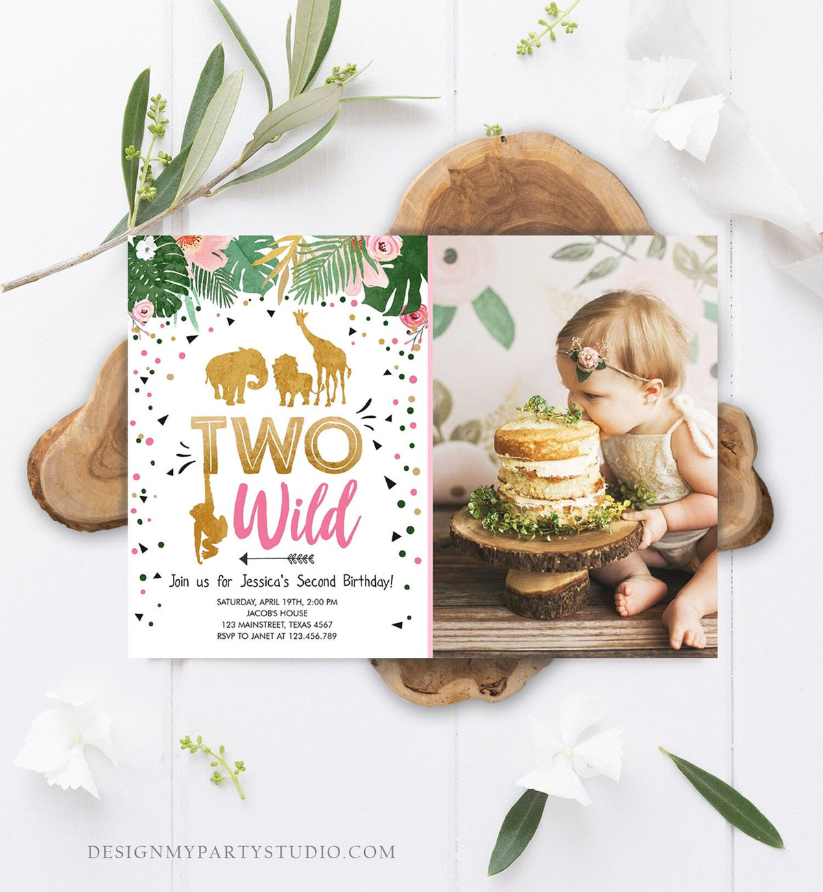 Editable Two Wild Birthday Invitation Girl Safari Animals Jungle Party Animals Pink Gold 2nd Second Birthday Printable Corjl Template 0016