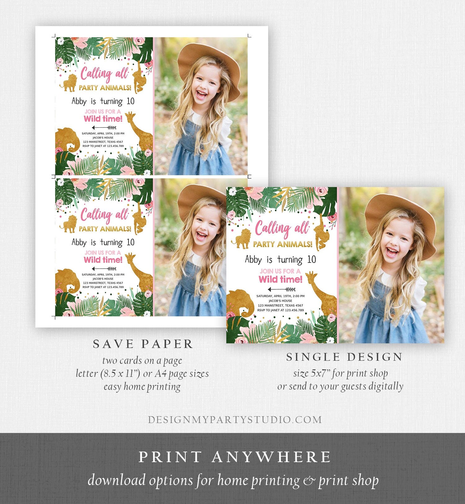 Editable Calling All Party Animals Birthday Invitation Girl Safari Animals Jungle Zoo Pink Gold Download Printable Corjl Template 0016