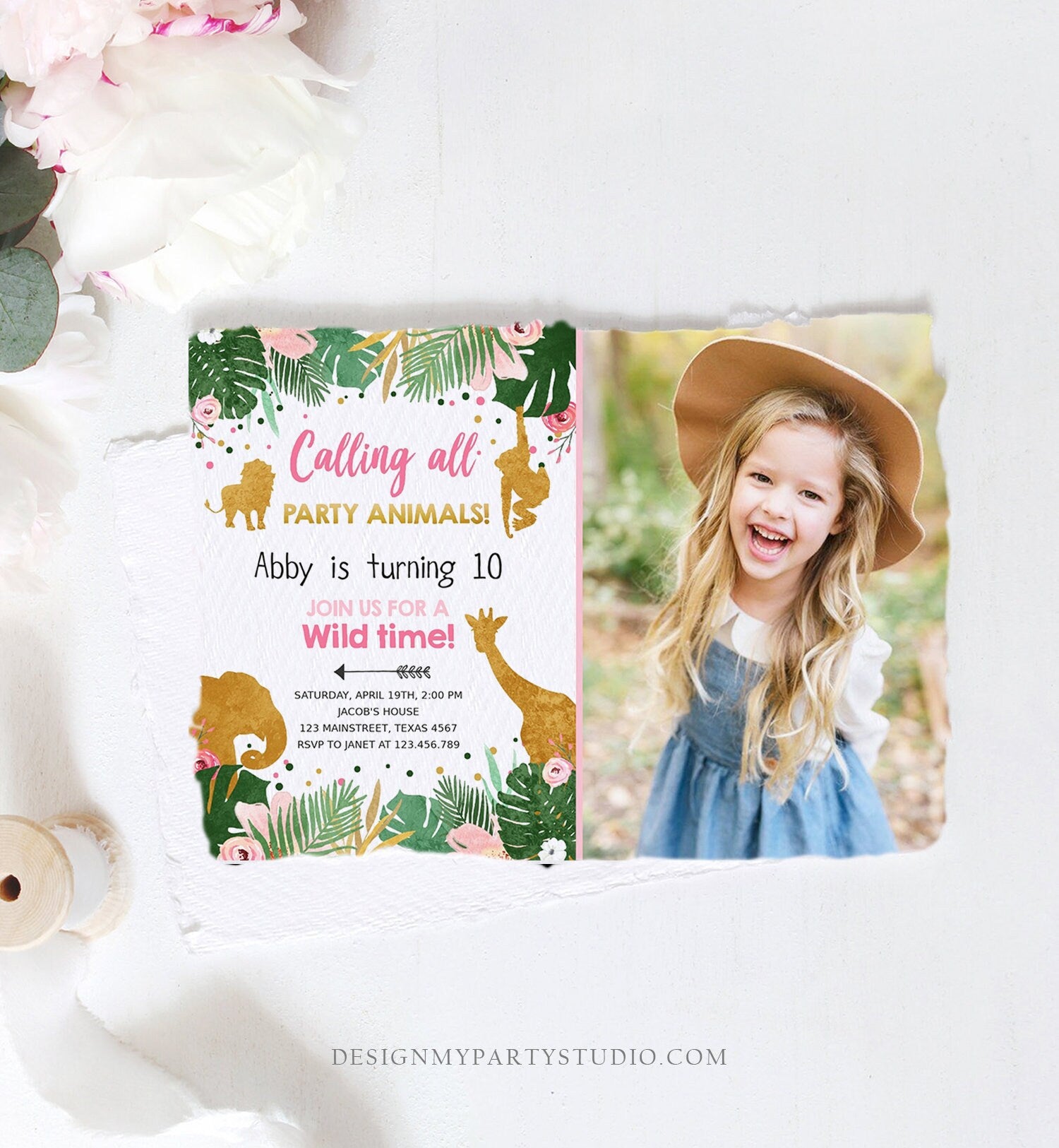 Editable Calling All Party Animals Birthday Invitation Girl Safari Animals Jungle Zoo Pink Gold Download Printable Corjl Template 0016