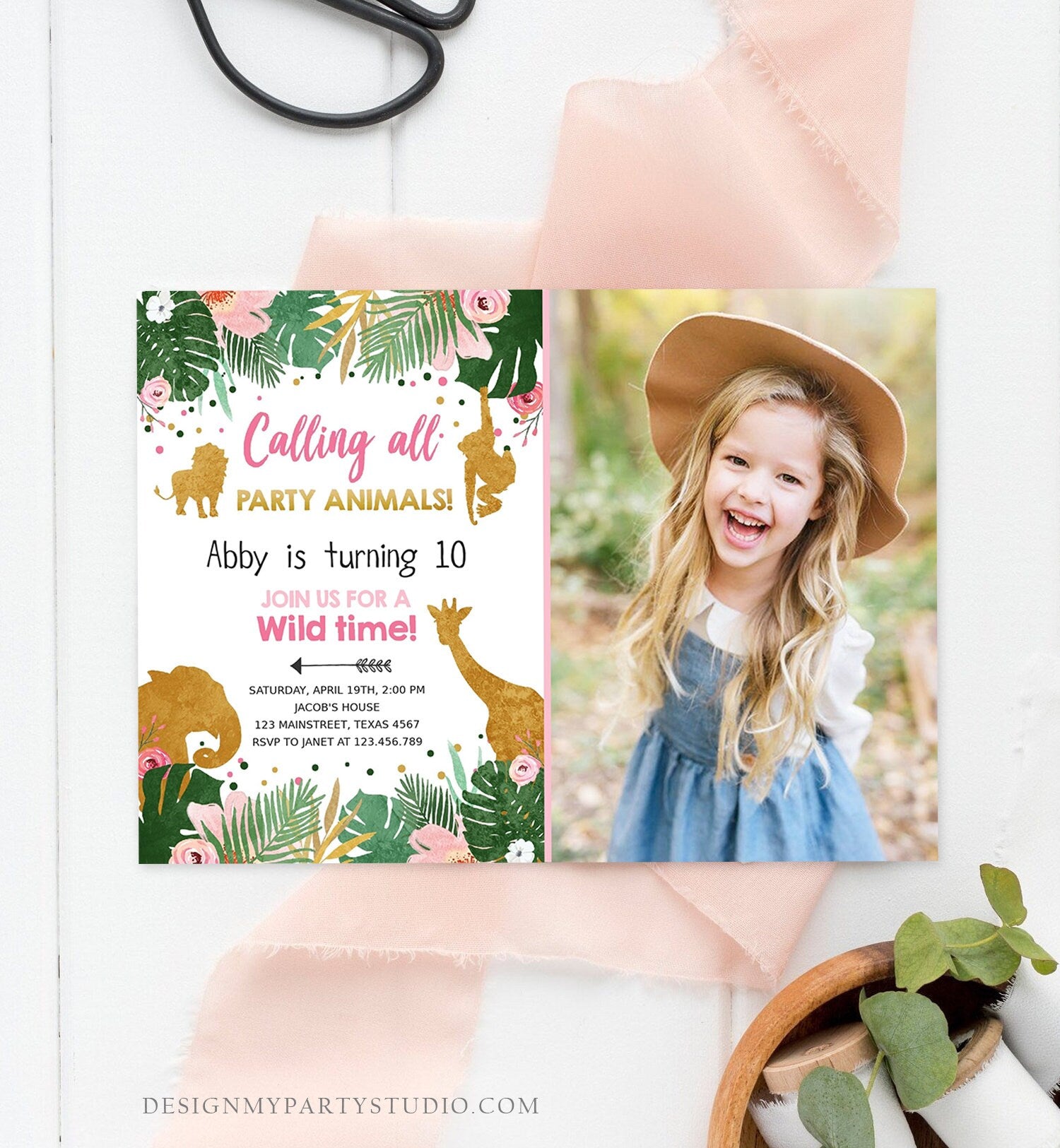 Editable Calling All Party Animals Birthday Invitation Girl Safari Animals Jungle Zoo Pink Gold Download Printable Corjl Template 0016