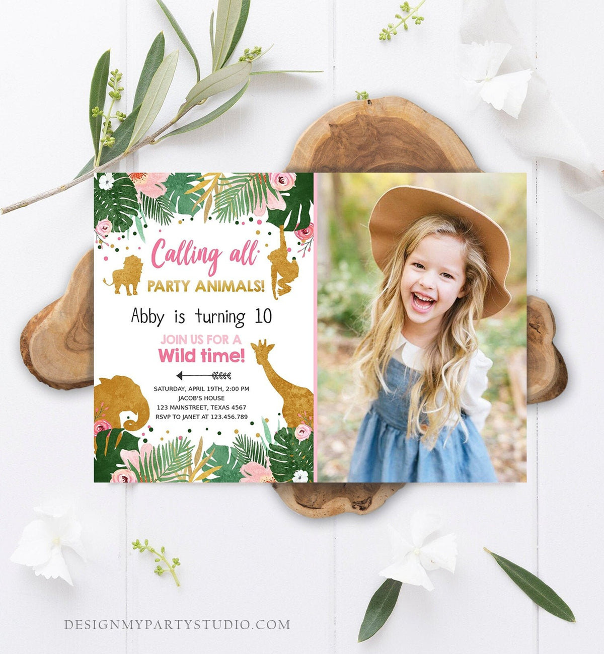 Editable Calling All Party Animals Birthday Invitation Girl Safari Animals Jungle Zoo Pink Gold Download Printable Corjl Template 0016