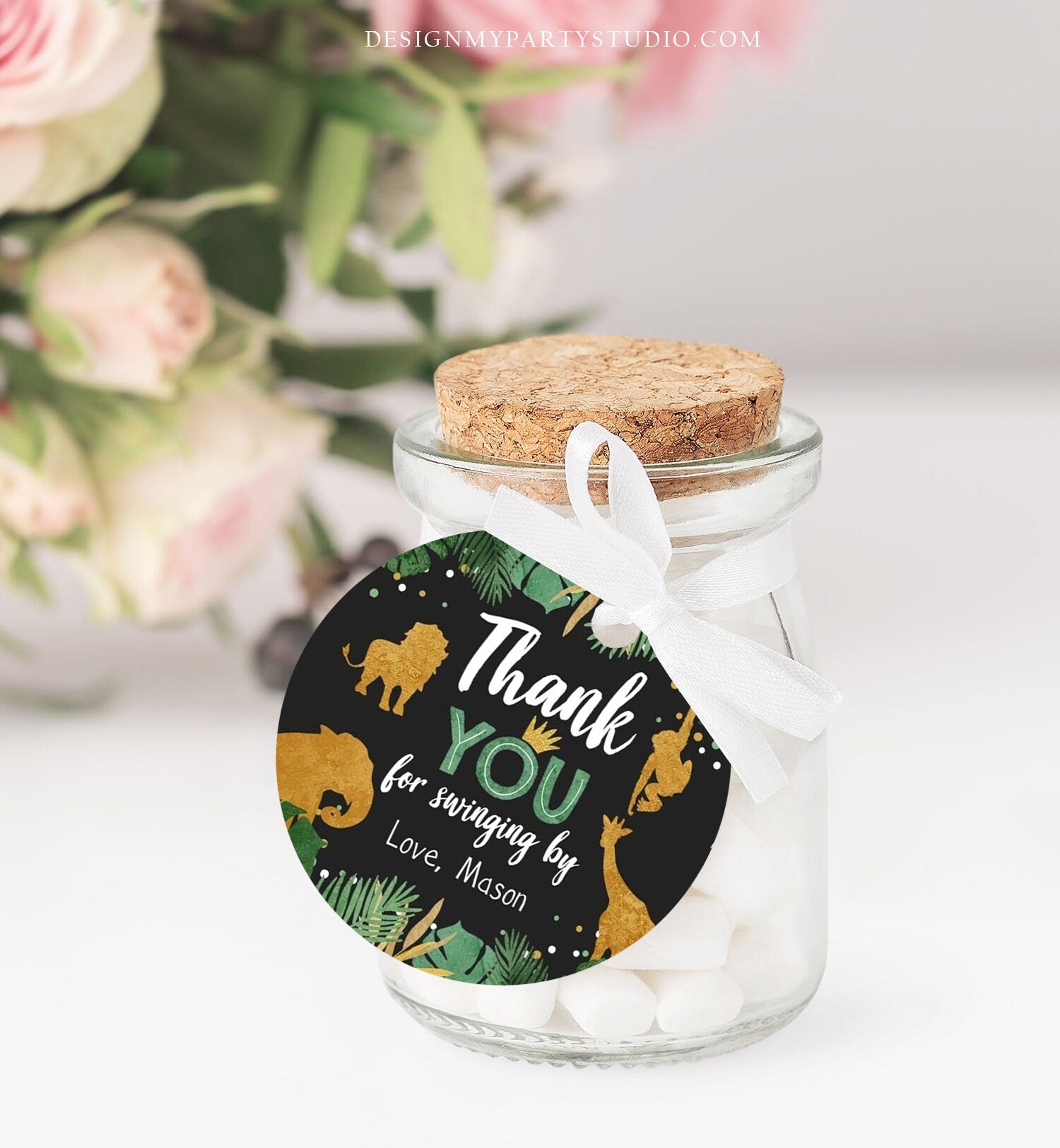 Editable Safari Animals Thank You Tags Wild One Zoo Party Animals Gift Favor Swinging By Round Square Digital Template Printable 0016