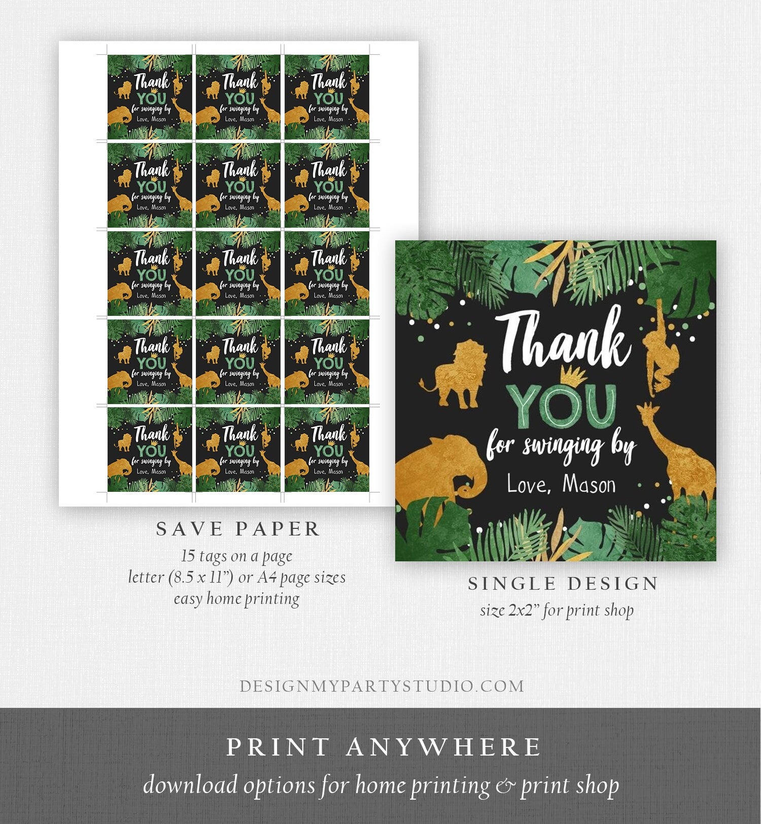 Editable Safari Animals Thank You Tags Wild One Zoo Party Animals Gift Favor Swinging By Round Square Digital Template Printable 0016