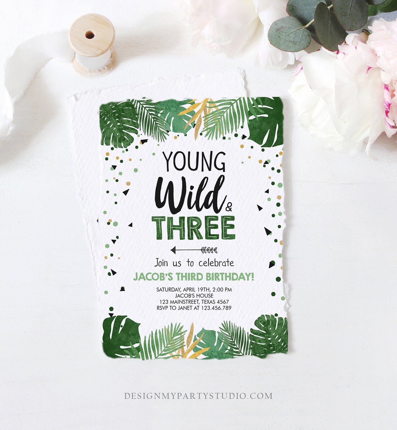 Editable Young Wild and Three Birthday Invitation Safari Tropical Party 3rd Third Birthday Boy Gold Download Printable Corjl Template 0332