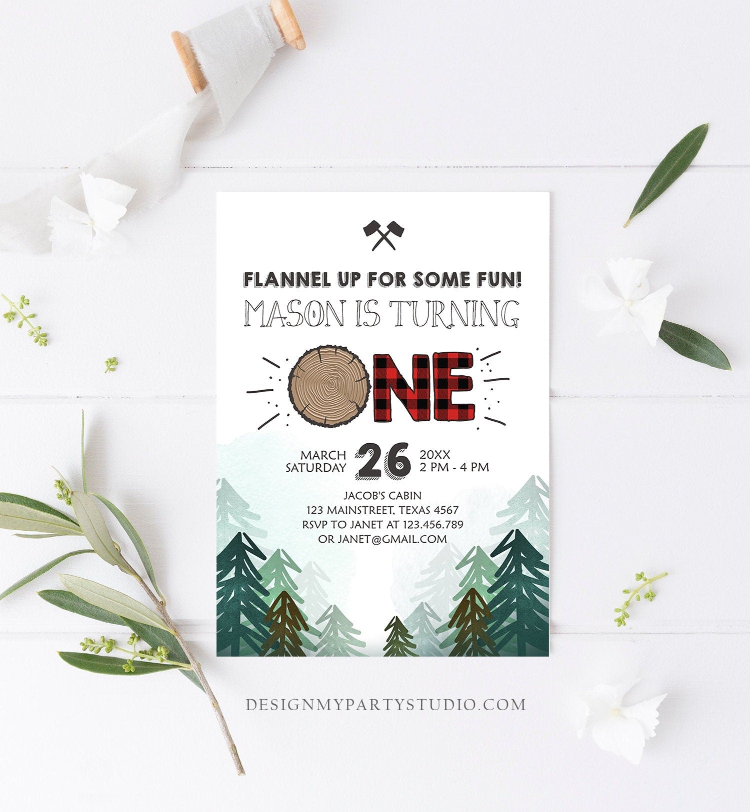 Editable Lumberjack Birthday Invitation First Birthday Woodland Outdoor Camping Party Boy Forest Red Plaid Printable Corjl Template 0377