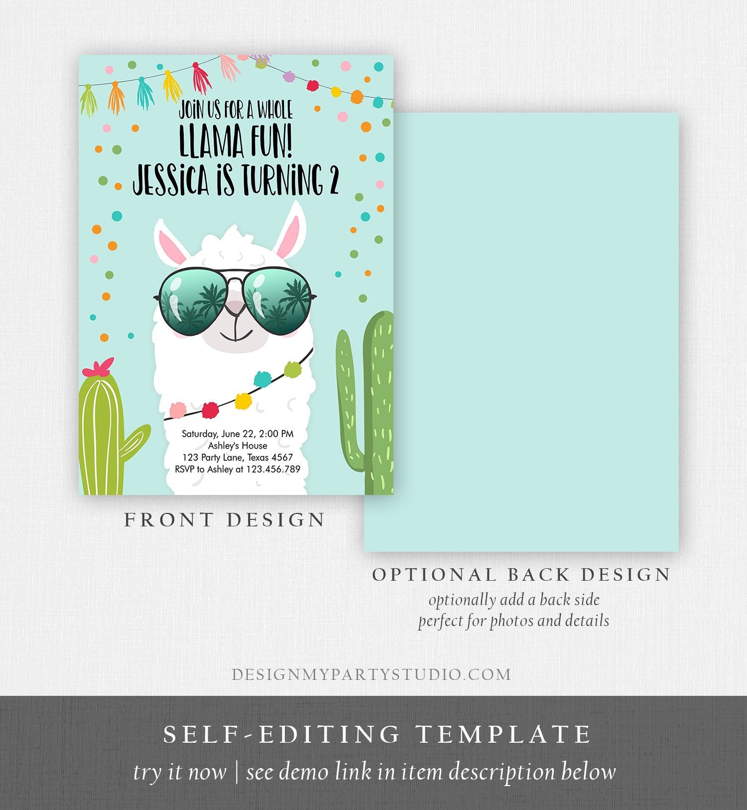 Editable Whole Llama Fun Birthday Invitation Llama Fiesta Cactus Confetti Boy Blue Alpaca Digital Download Evite Template Printable 0079