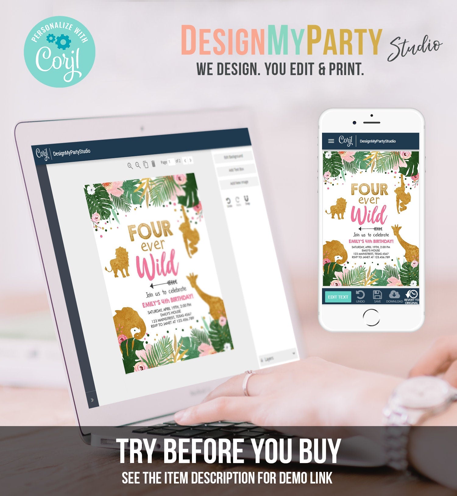 Editable Four ever Wild Birthday Invitation Safari Animals Jungle Zoo Gold Girl Pink 4th Birthday Party Animals Printable Template 0016