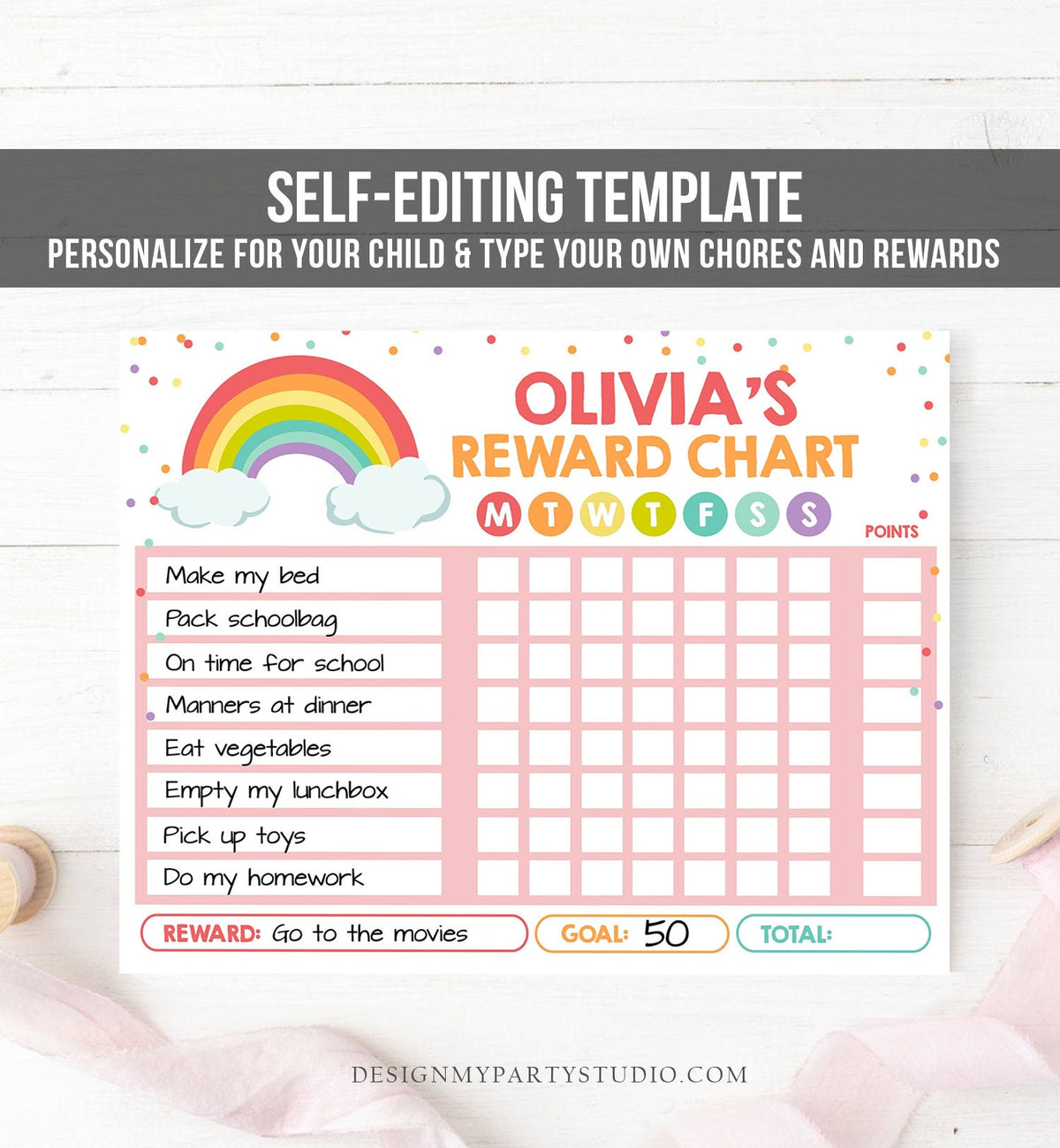 Editable Rainbow Cloud Reward Chart for Girls Chore Chart Kids Routine Chart Pink Rainbow Colors Confetti Digital Printable Corjl Template