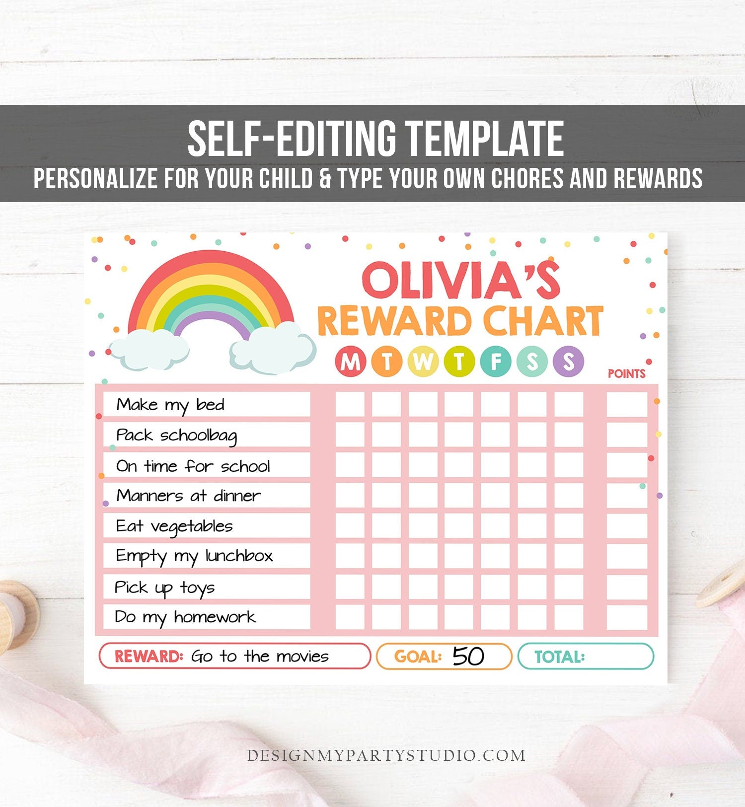 Editable Rainbow Cloud Reward Chart for Girls Chore Chart Kids Routine Chart Pink Rainbow Colors Confetti Digital Printable Corjl Template