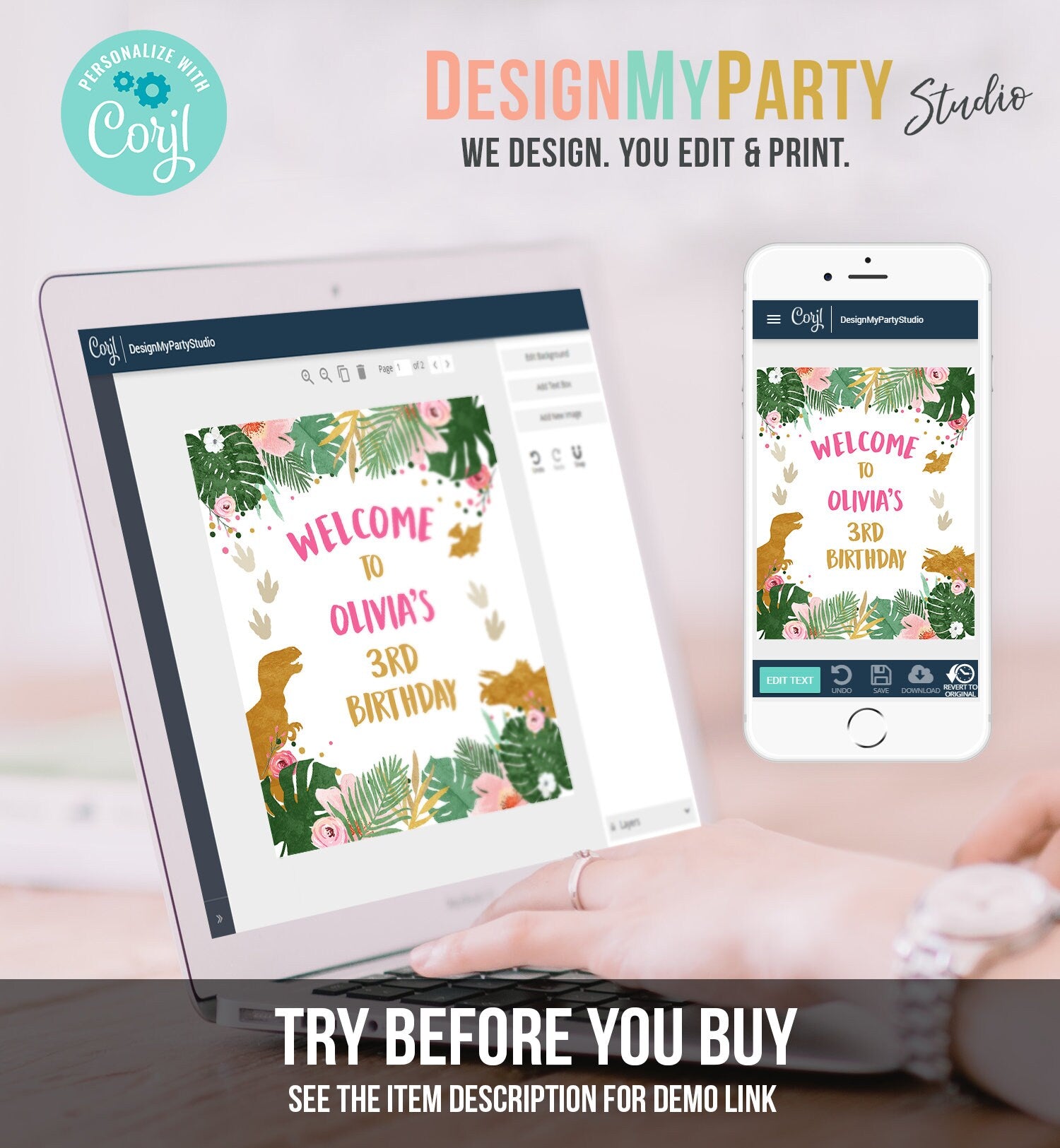 Editable Dinosaur Welcome Sign Girl Pink and Gold Dino Party Dinosaur Birthday Sign Welcome Dinosaur Sign Template PRINTABLE Corjl 0146