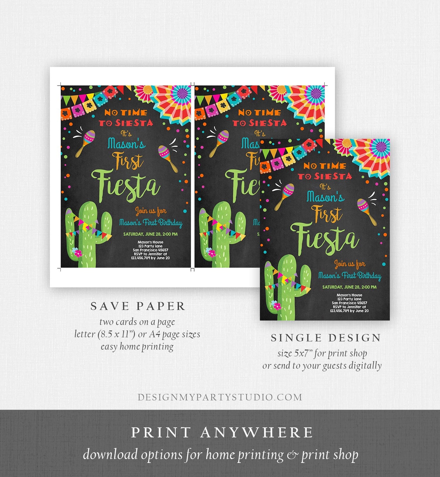 Editable First Fiesta Birthday Invitation Let's Fiesta No Time To Siesta Cactus Mexican Boy Samba Download Corjl Template Printable 0045