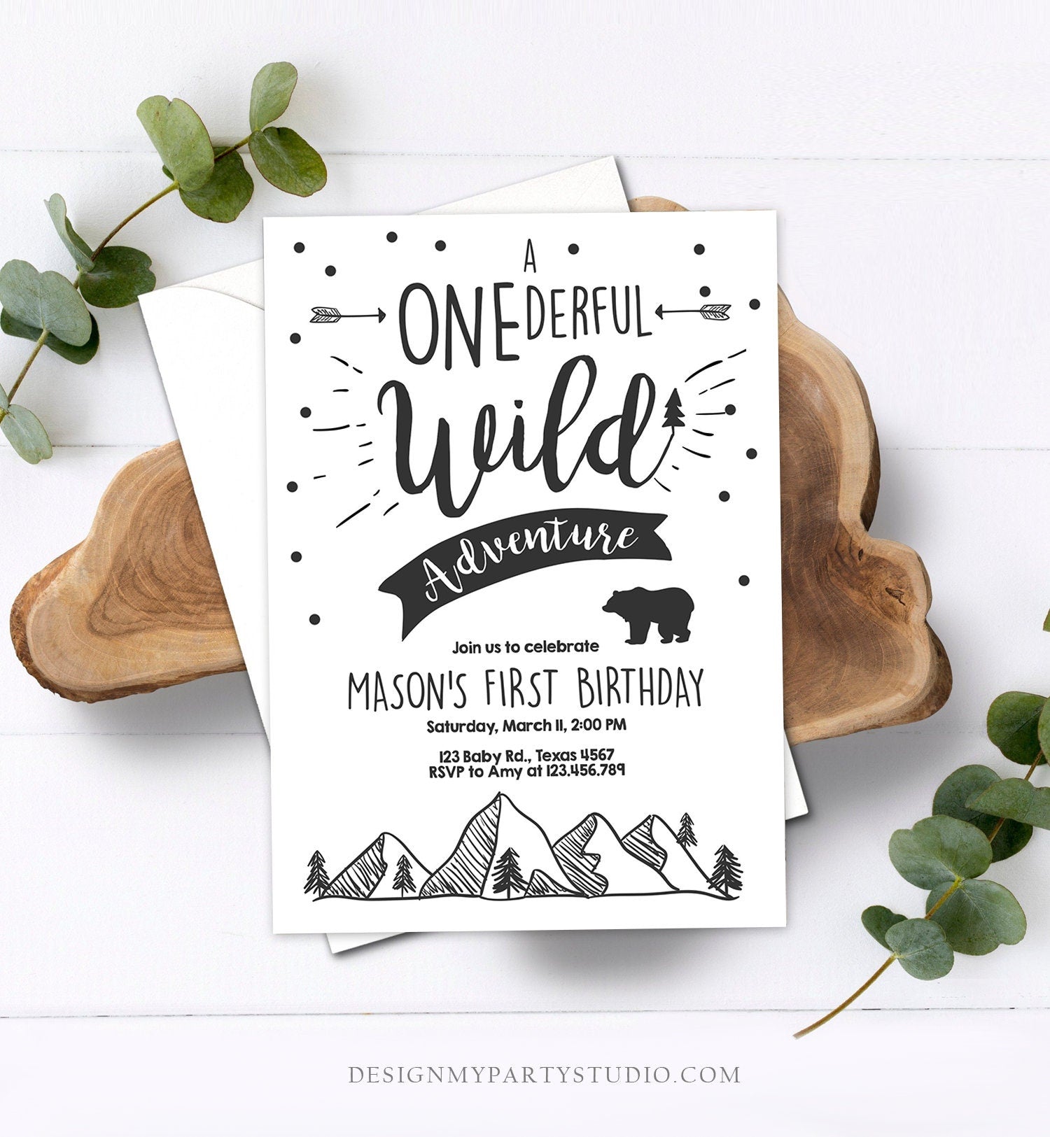 Editable A Onederful Wild Adventure First Birthday Invitation Wild Things Boy Mountains Bear Outdoor Download Printable Corjl Template 0083