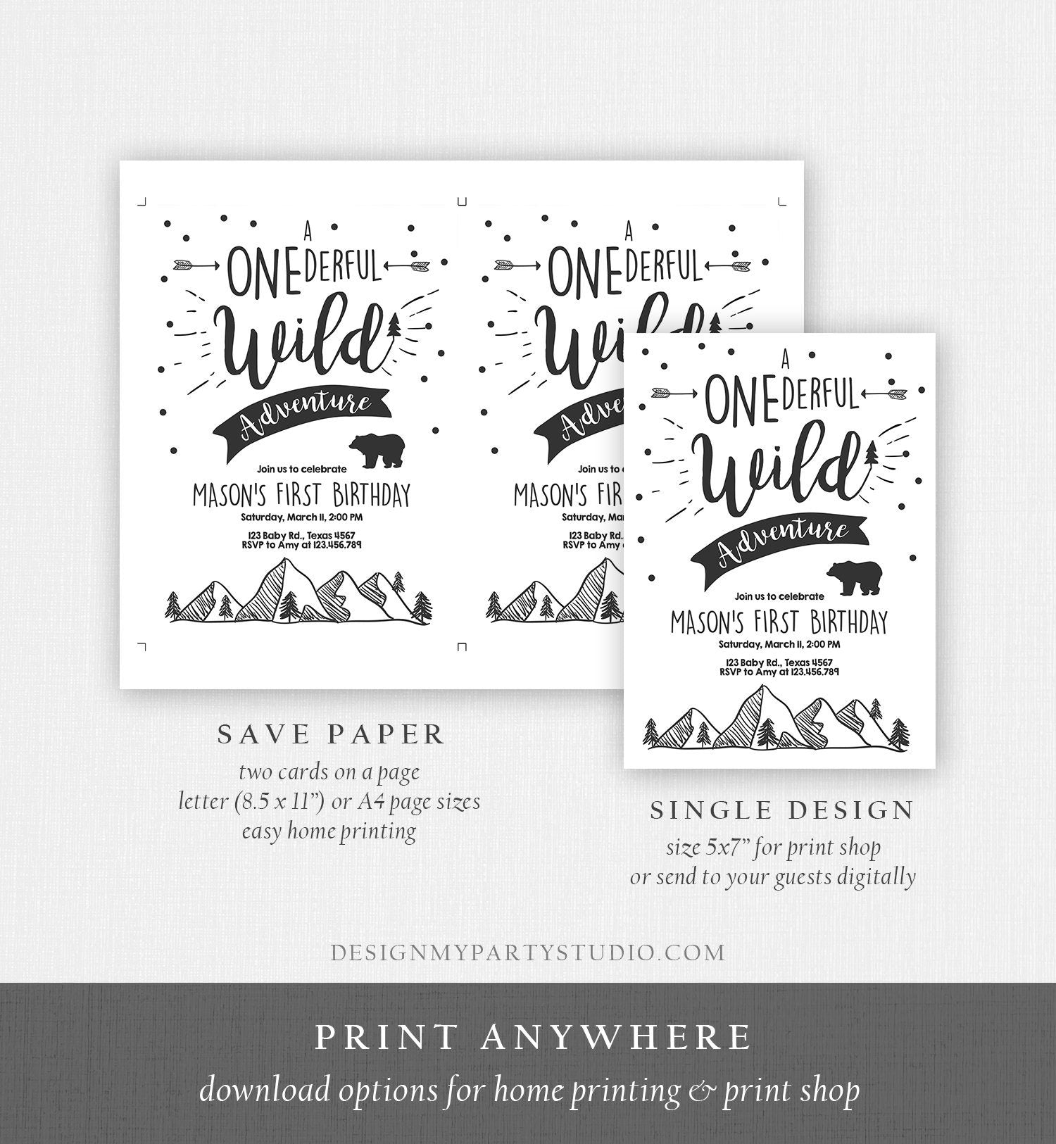 Editable A Onederful Wild Adventure First Birthday Invitation Wild Things Boy Mountains Bear Outdoor Download Printable Corjl Template 0083