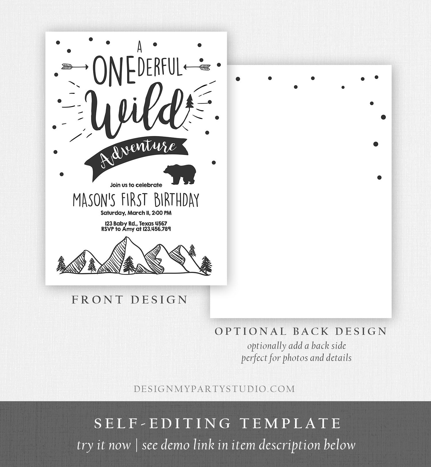 Editable A Onederful Wild Adventure First Birthday Invitation Wild Things Boy Mountains Bear Outdoor Download Printable Corjl Template 0083