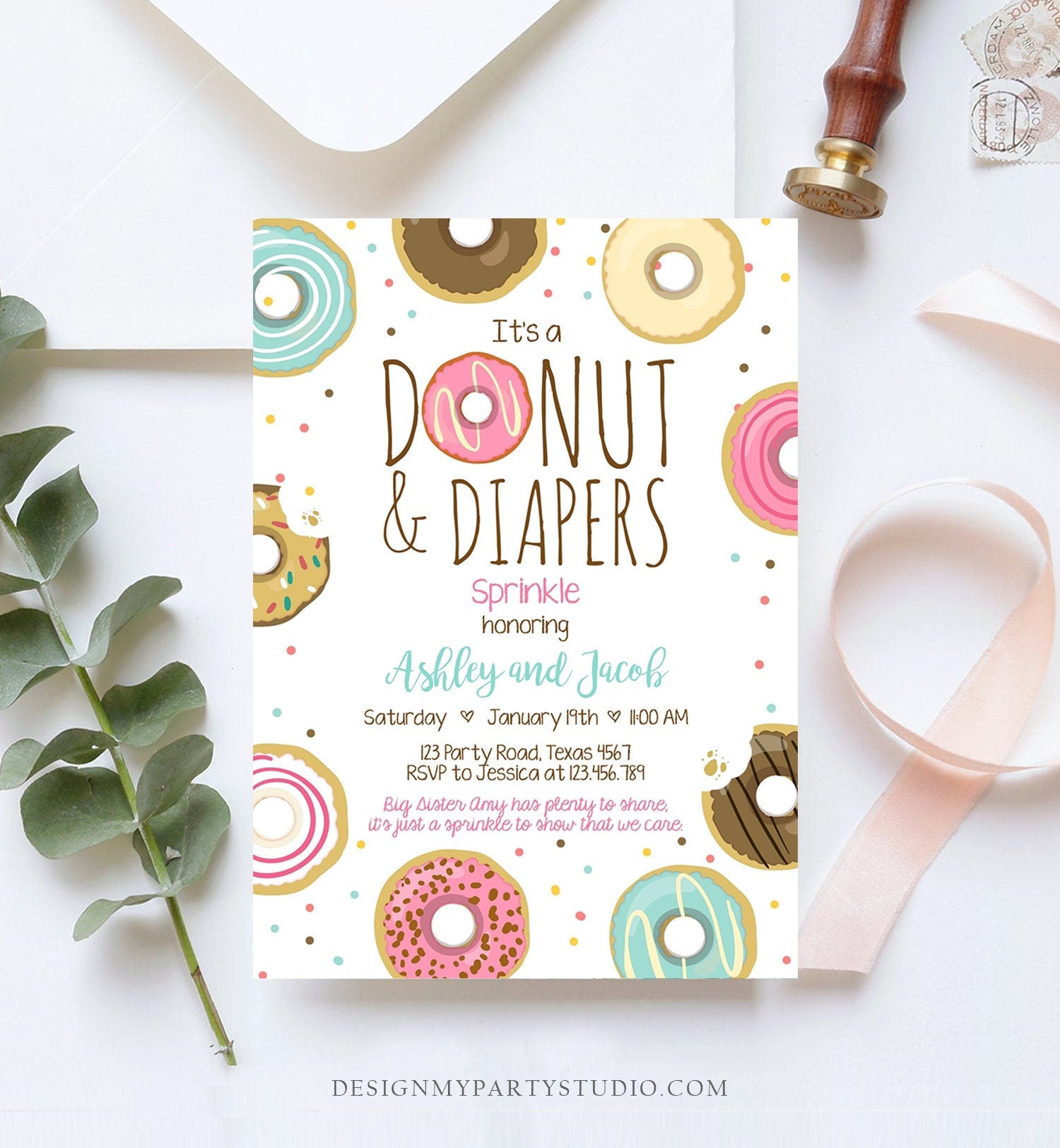 Editable Donut and Diapers Sprinkle Invitation Sprinkled With Love Coed Shower Pink Girl Digital Download Printable Corjl Template 0050