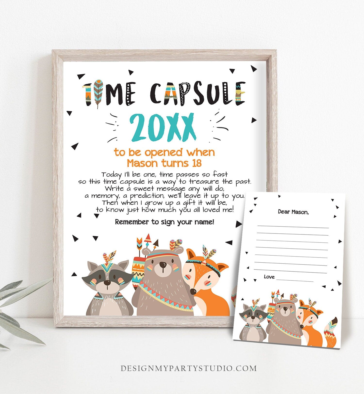 Editable Tribal Woodland Time Capsule First Birthday Party Wild One Birthday Party Boy Guestbook Tribal Template Printable Corjl 0061