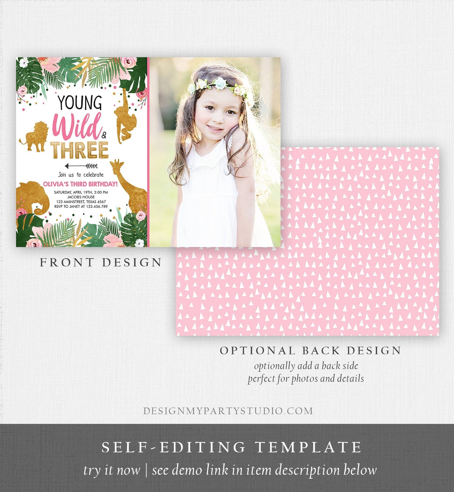 Editable Young Wild and Three Birthday Invitation Girl Safari Animals Party Animals Zoo Digital Download Evite Template Printable 0016