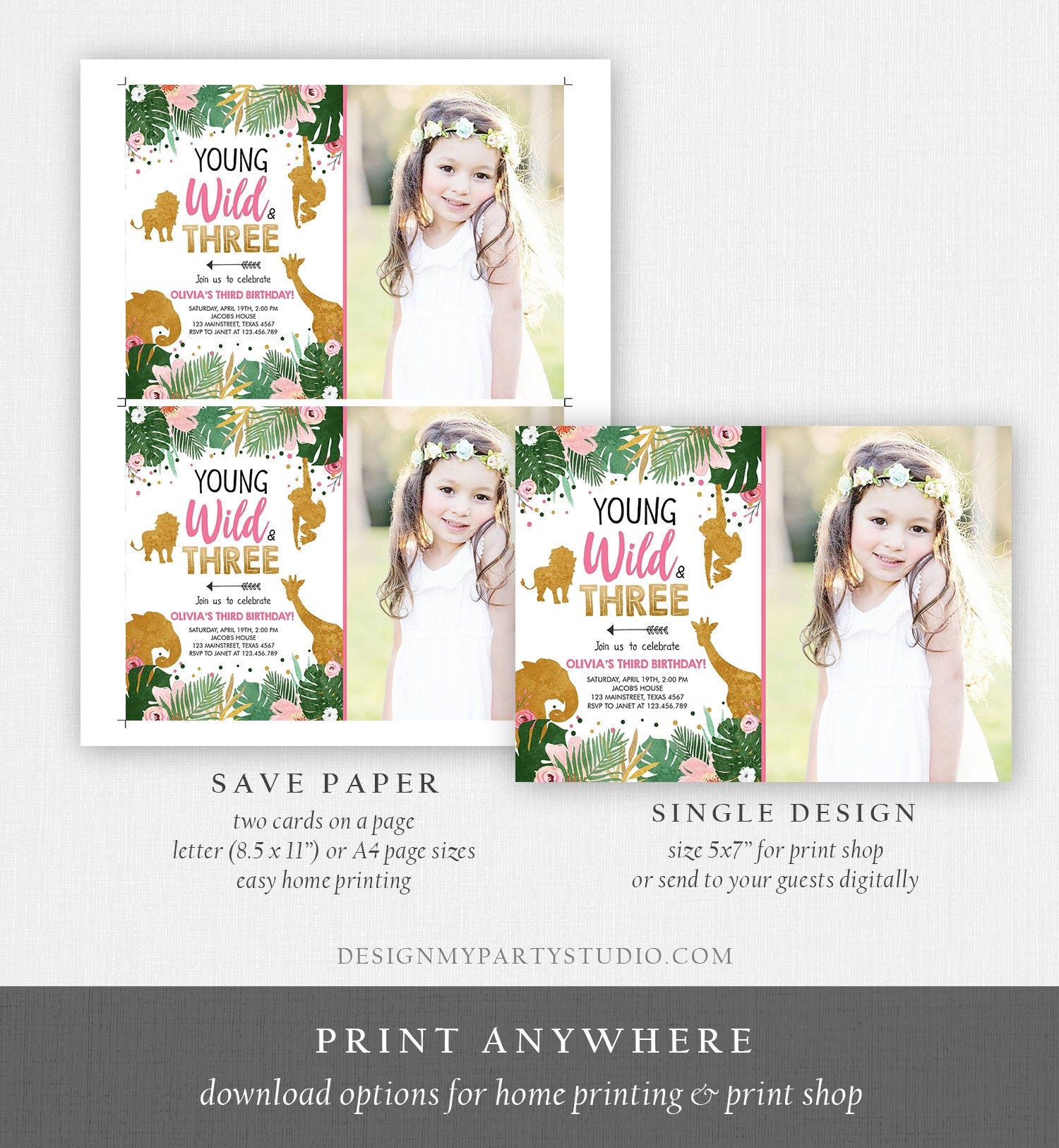 Editable Young Wild and Three Birthday Invitation Girl Safari Animals Party Animals Zoo Digital Download Evite Template Printable 0016