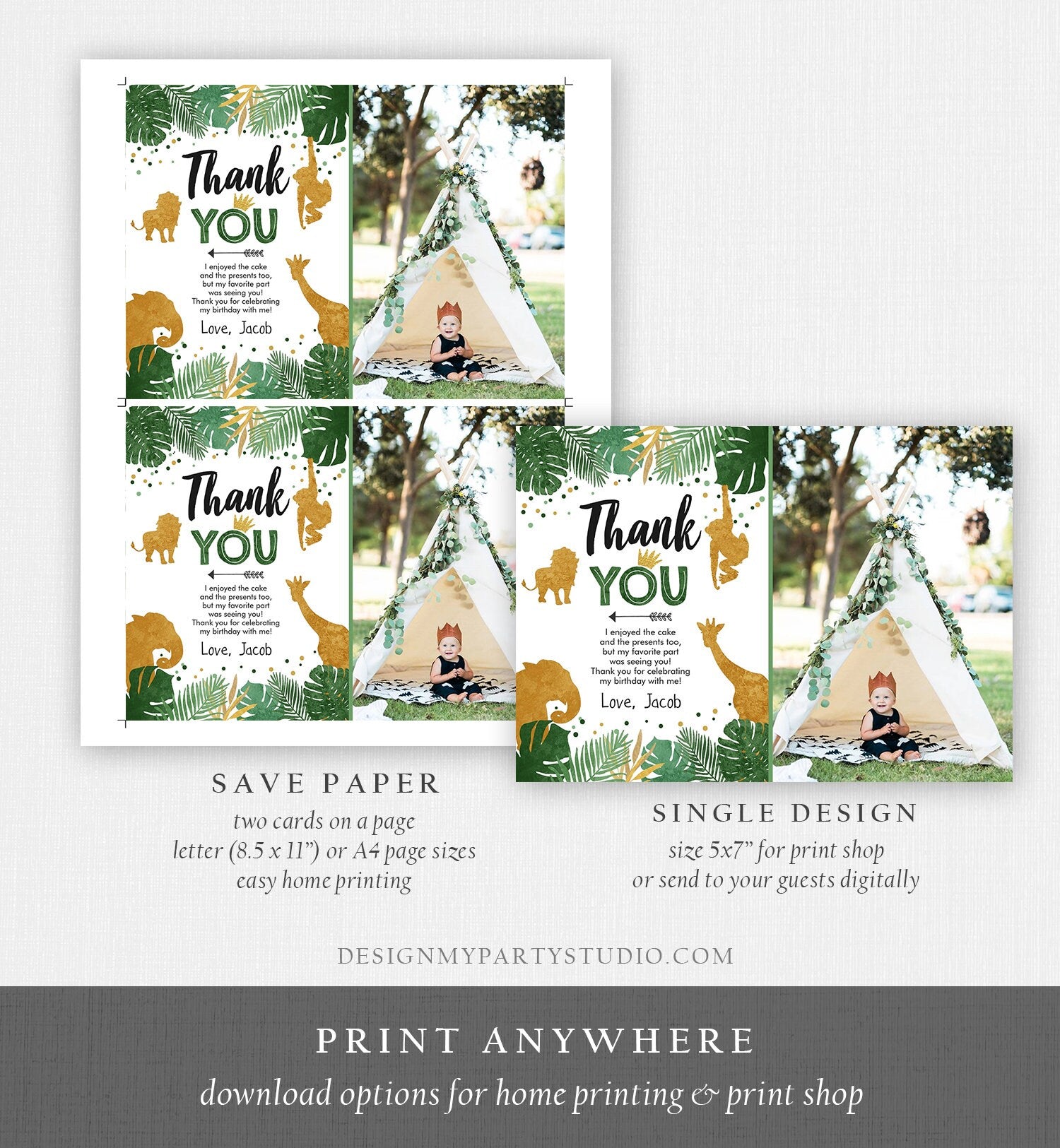 Editable Thank You Card Safari Animals Wild One Thank You Note Black Gold Photo Boy Jungle Zoo Animals Printable Corjl Template Digital 0016