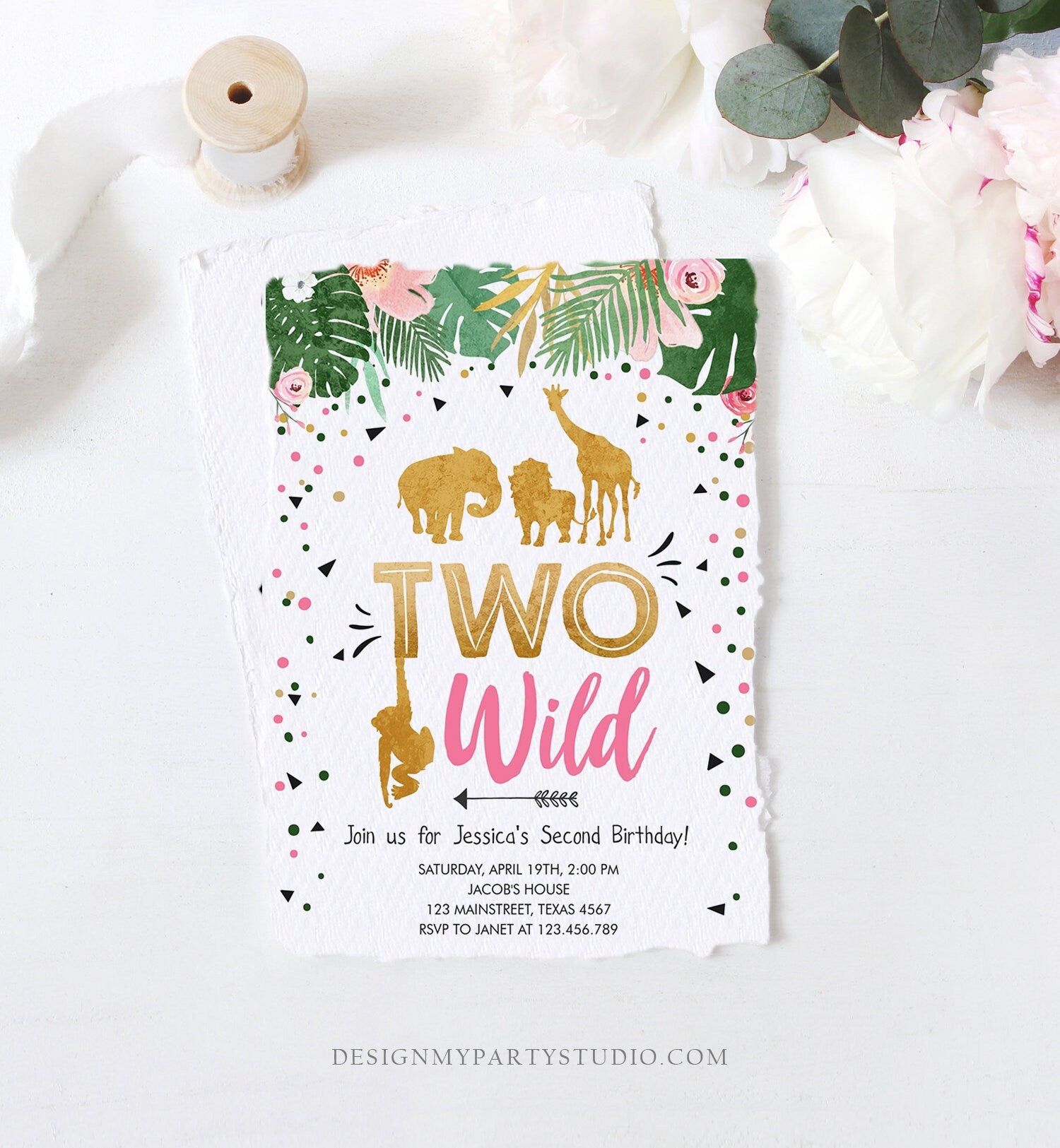 Editable Two Wild Birthday Invitation Safari Animals Jungle Zoo Wild One Party Girl Pink Gold Digital Download Template Printable 0016