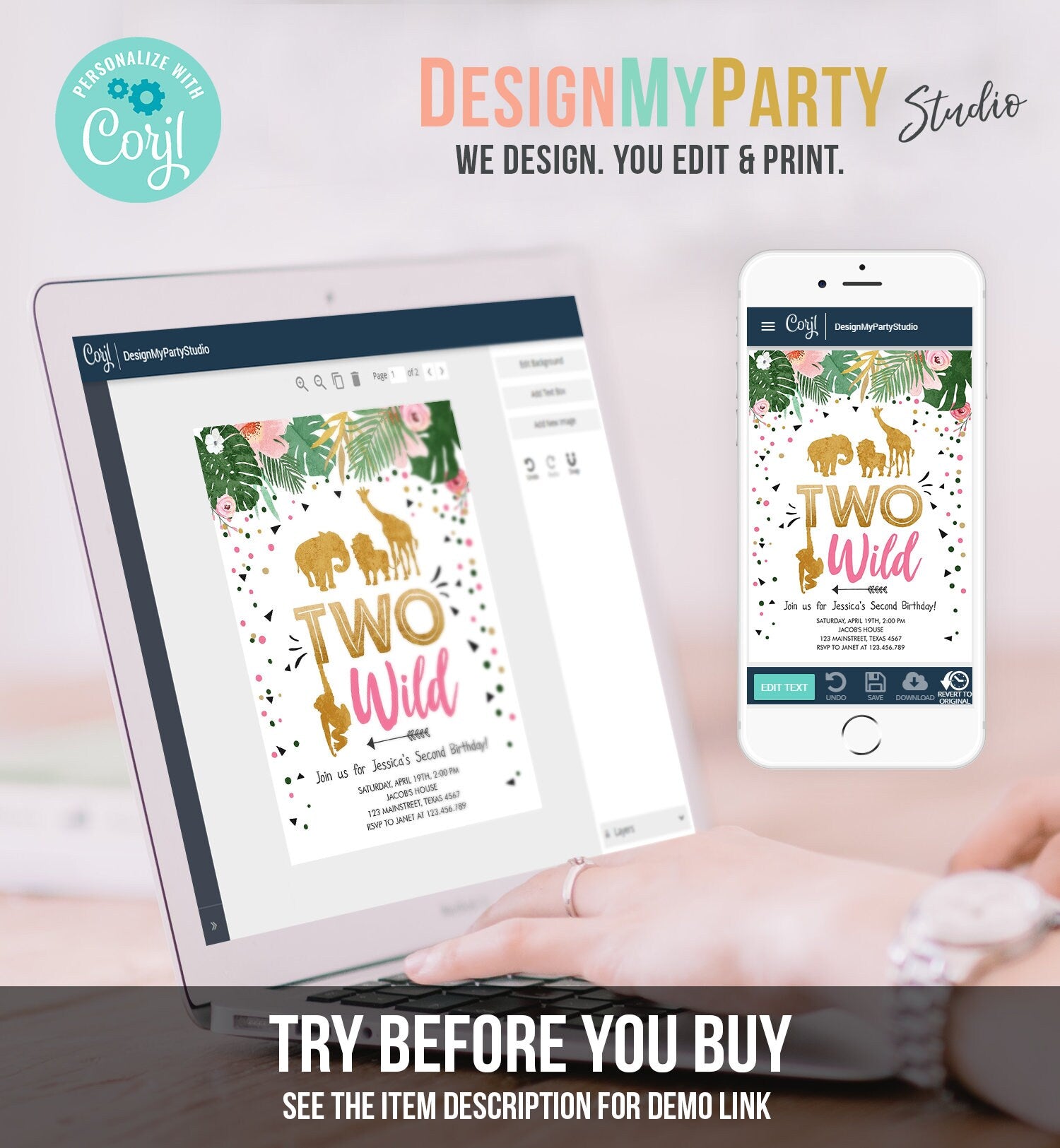 Editable Two Wild Birthday Invitation Safari Animals Jungle Zoo Wild One Party Girl Pink Gold Digital Download Template Printable 0016