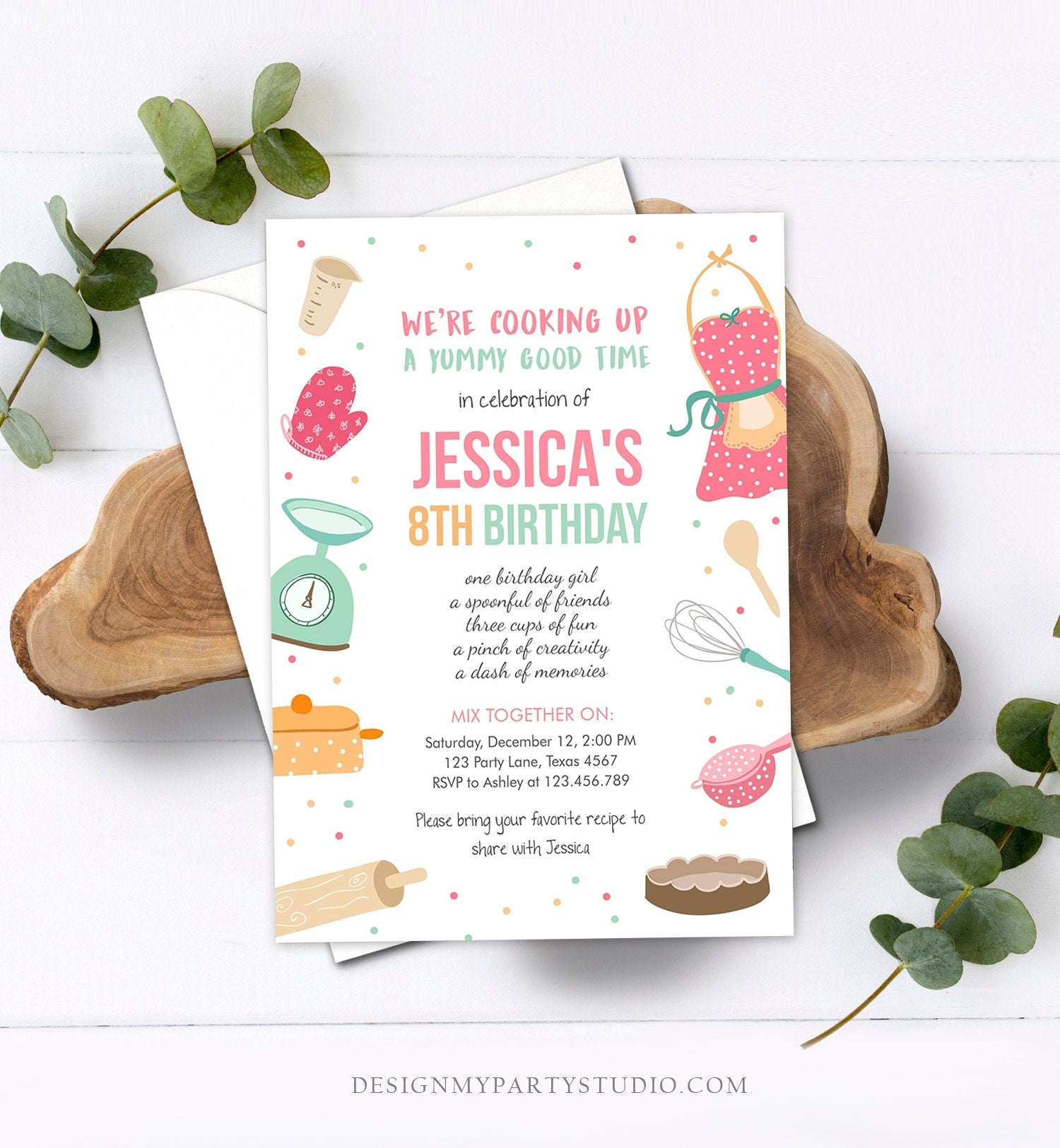 Editable Kids Kitchen Cooking Birthday Invitation Pink Girl Chef Baking Party Cakes Pies Cupcakes Download Printable Corjl Template 0219