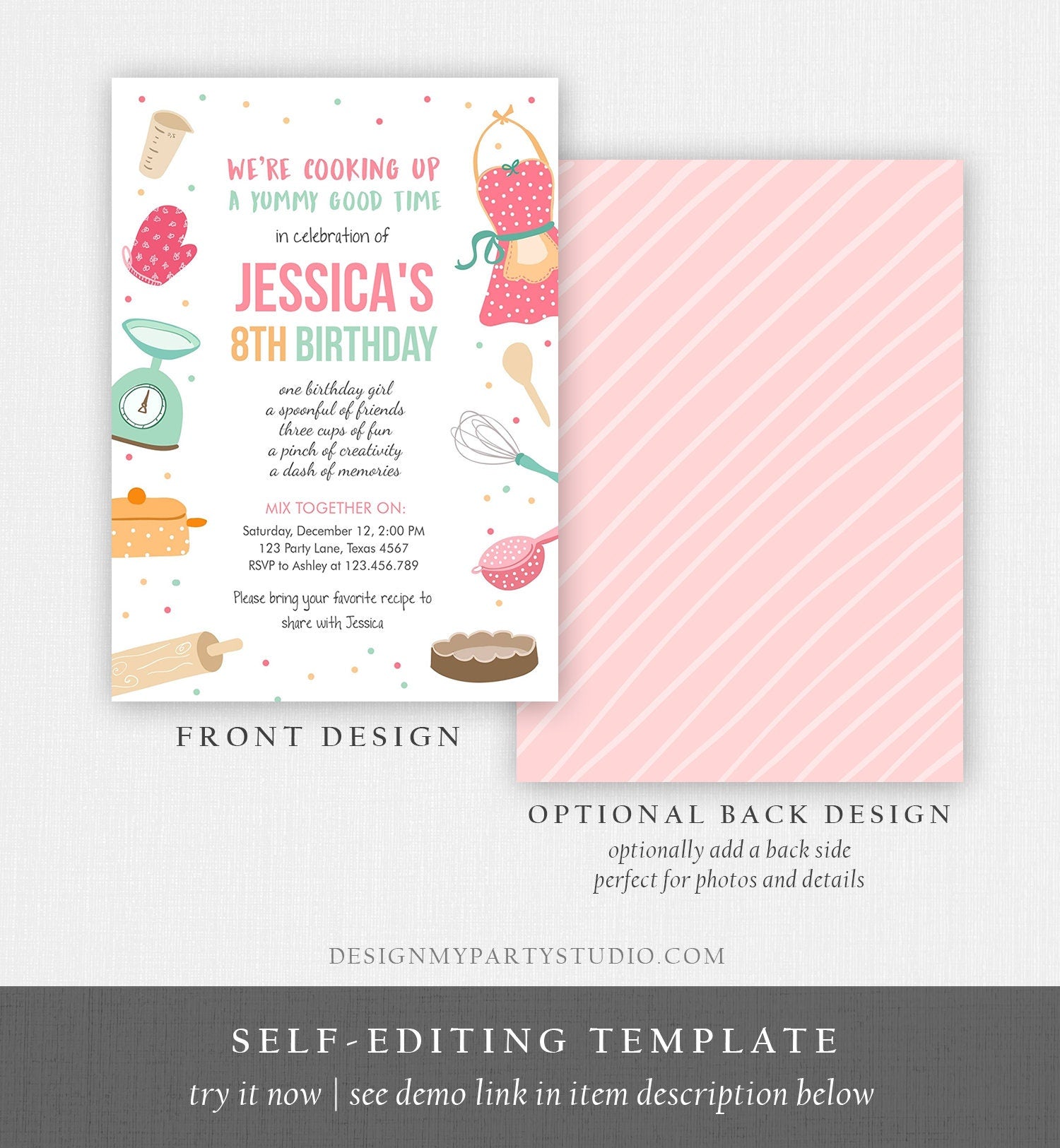 Editable Kids Kitchen Cooking Birthday Invitation Pink Girl Chef Baking Party Cakes Pies Cupcakes Download Printable Corjl Template 0219