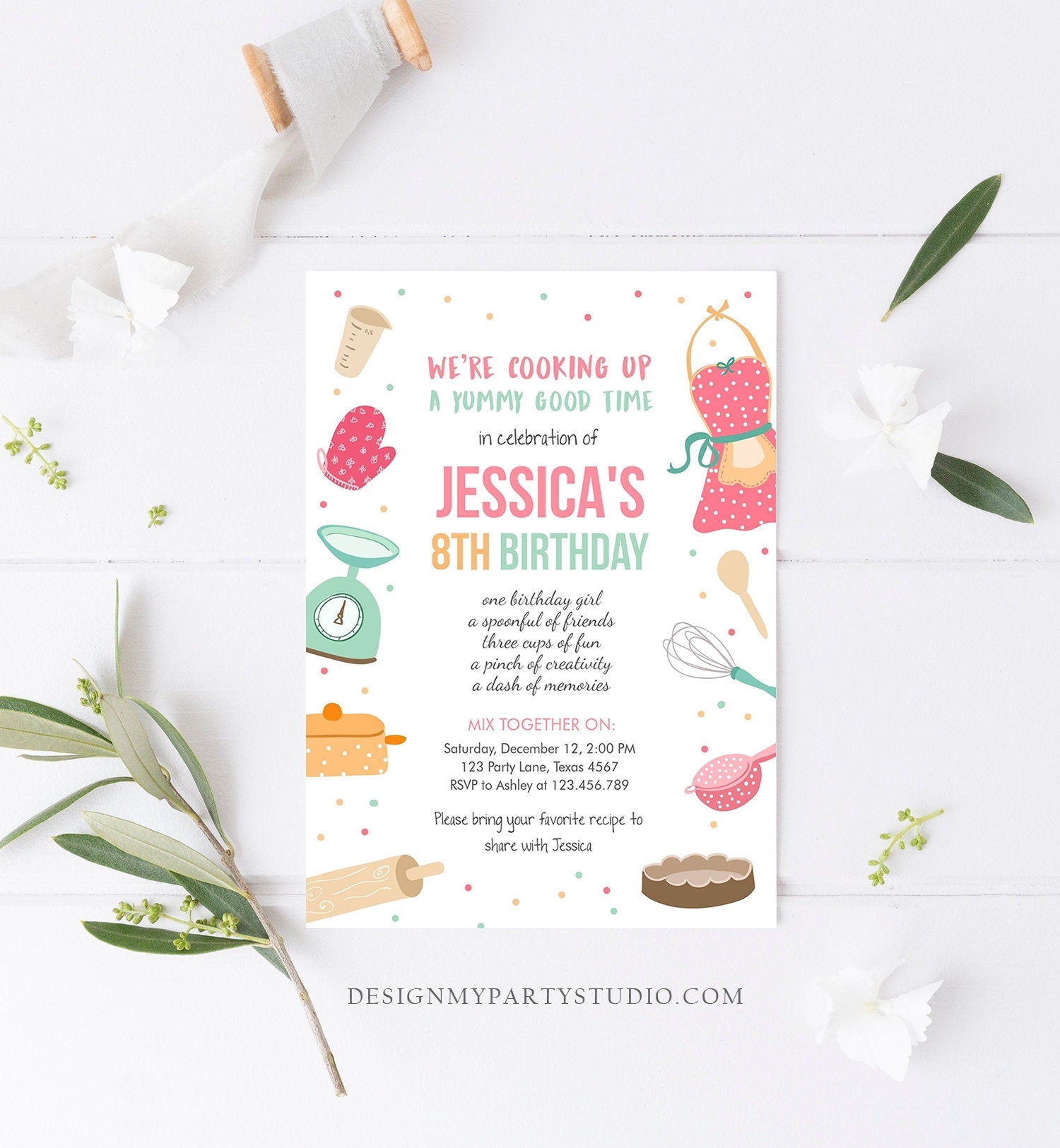 Editable Kids Kitchen Cooking Birthday Invitation Pink Girl Chef Baking Party Cakes Pies Cupcakes Download Printable Corjl Template 0219