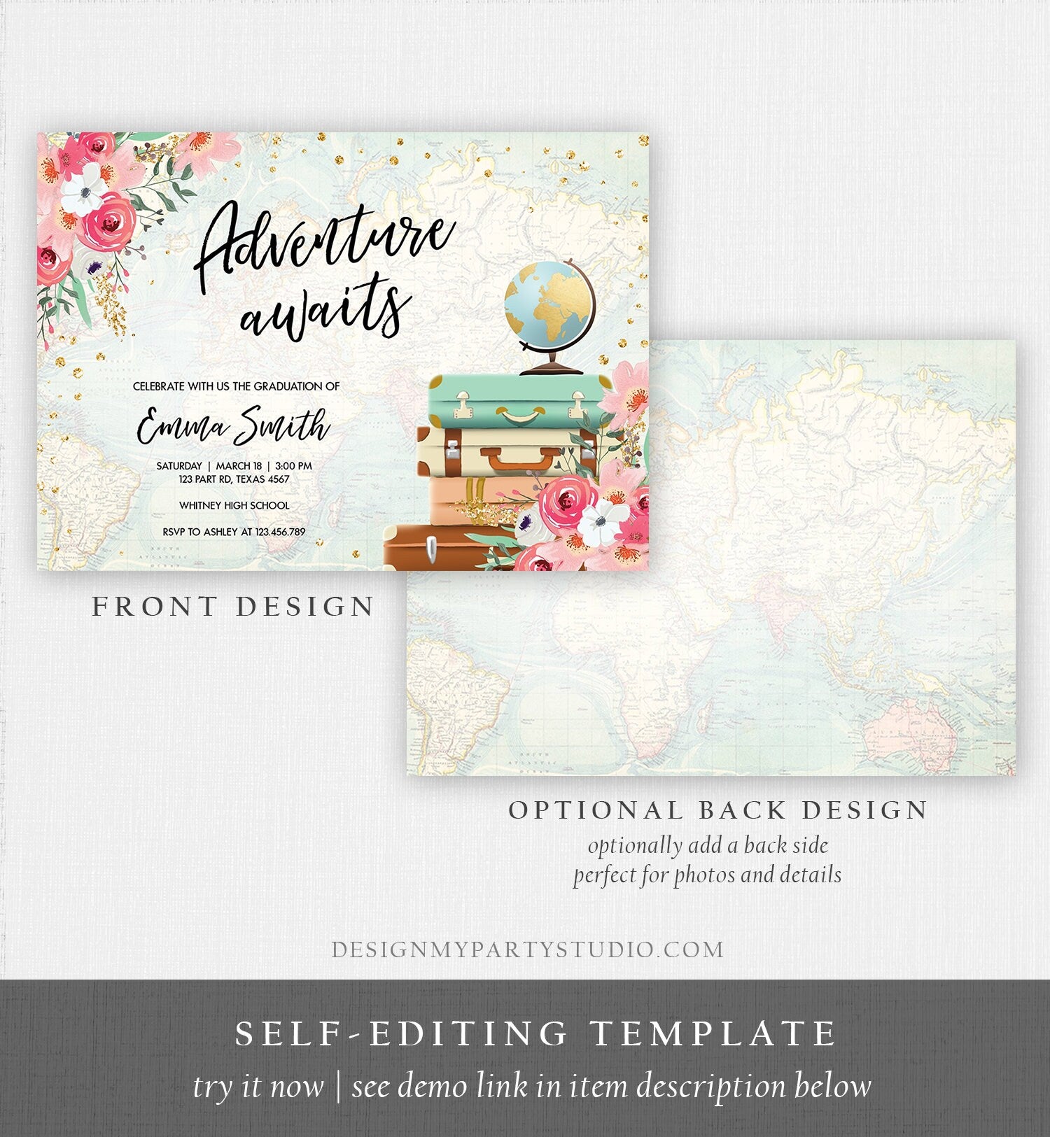 Editable Adventure Awaits Graduation Party Invitation Vintage Travel Around the World Pink Floral Girl Digital Evite Template Printable 0030