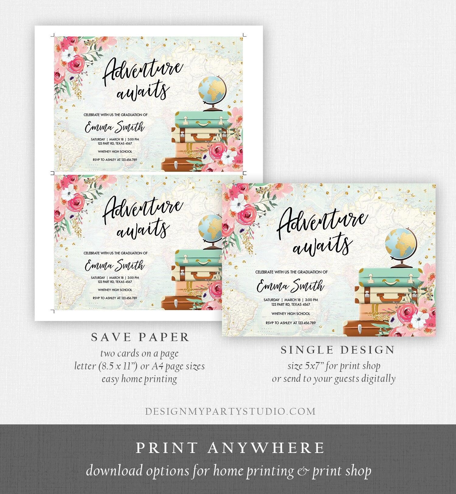 Editable Adventure Awaits Graduation Party Invitation Vintage Travel Around the World Pink Floral Girl Digital Evite Template Printable 0030