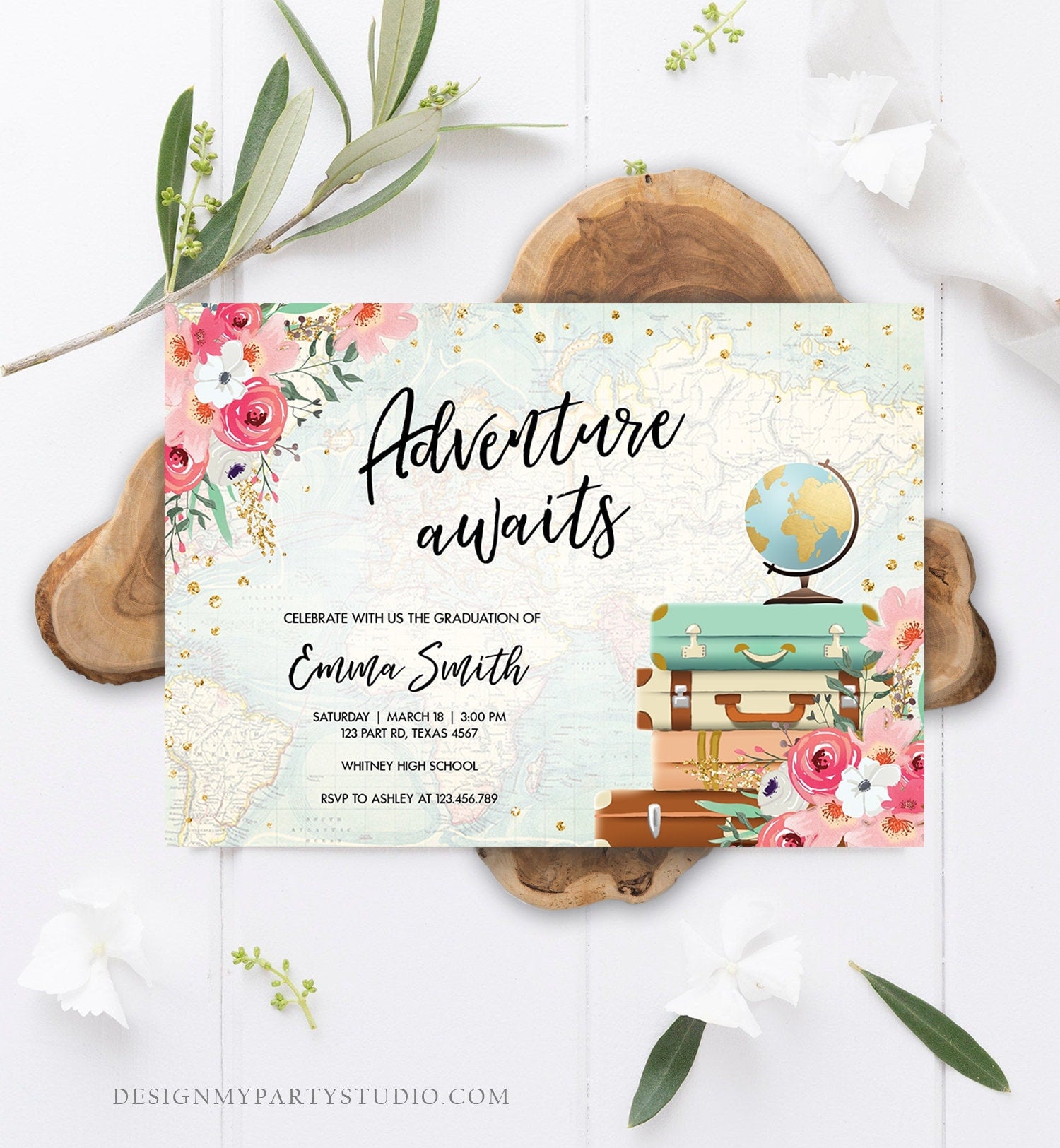 Editable Adventure Awaits Graduation Party Invitation Vintage Travel Around the World Pink Floral Girl Digital Evite Template Printable 0030