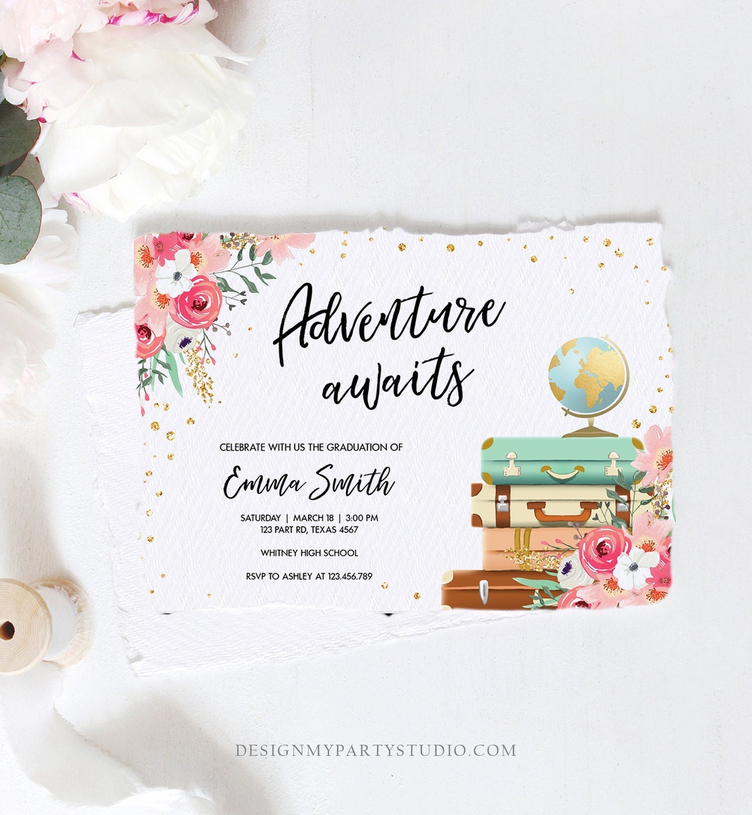 Editable Adventure Awaits Graduation Party Invitation Vintage Travel Around the World Pink Gold Floral Girl Corjl Template Printable 0030