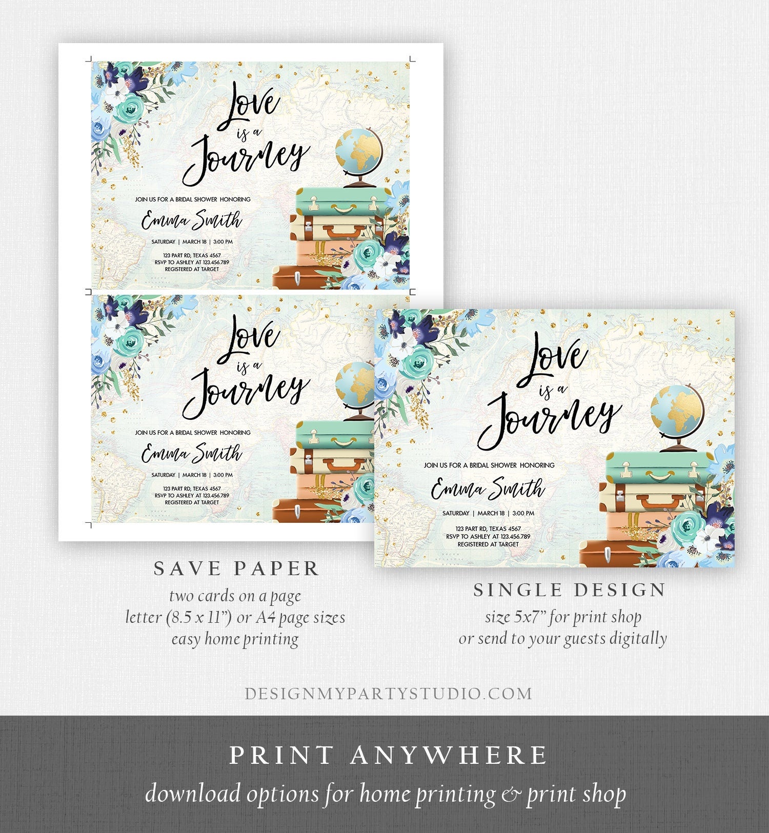 Editable Love is a Journey Bridal Shower Invitation Travel Adventure Confetti Blue Floral Suitcases Download Corjl Template Printable 0030