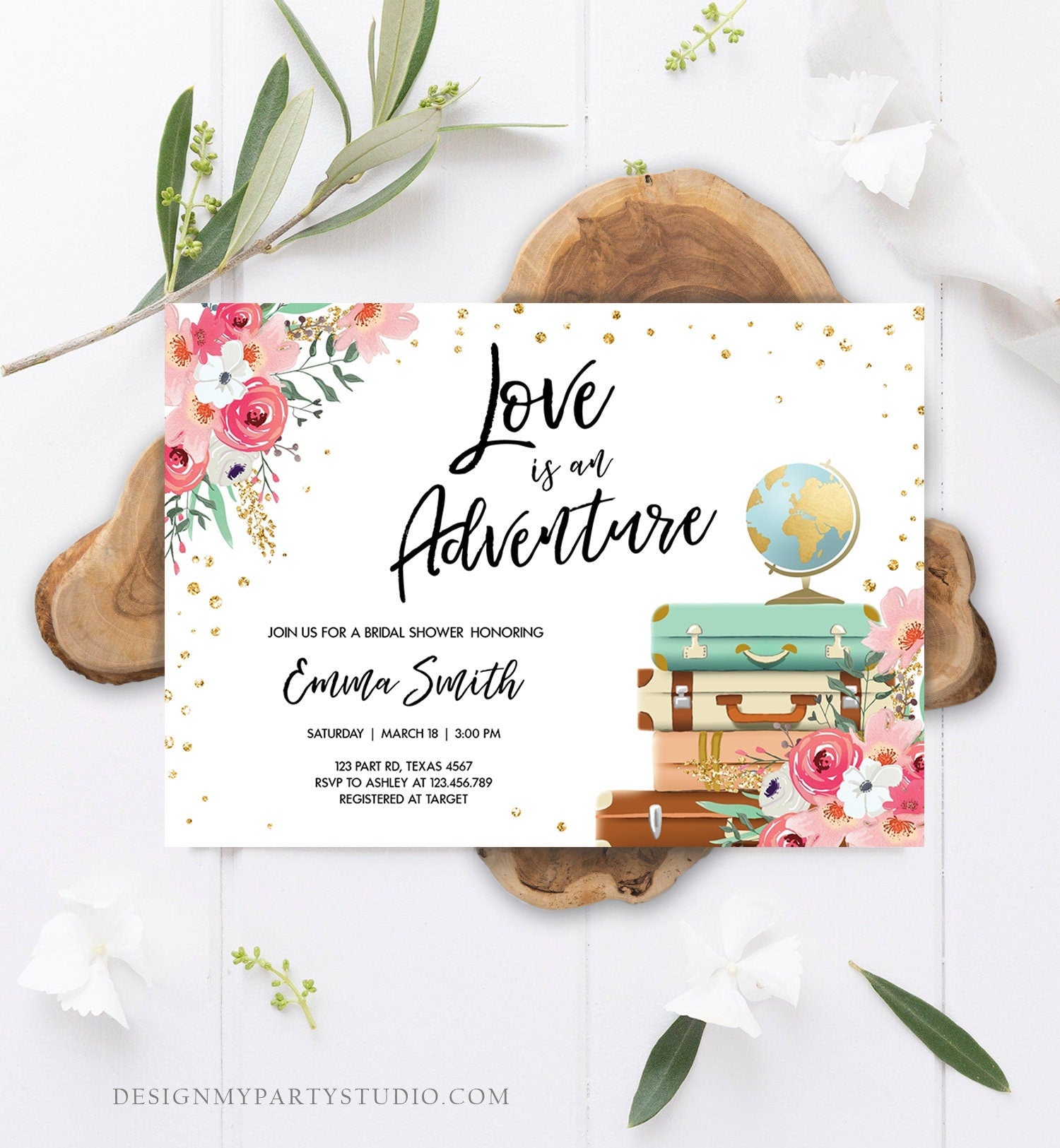 Editable Love is an Adventure Bridal Shower Invitation Travel Gold Confetti Pink Floral Suitcases Download Corjl Template PRINTABLE 0030