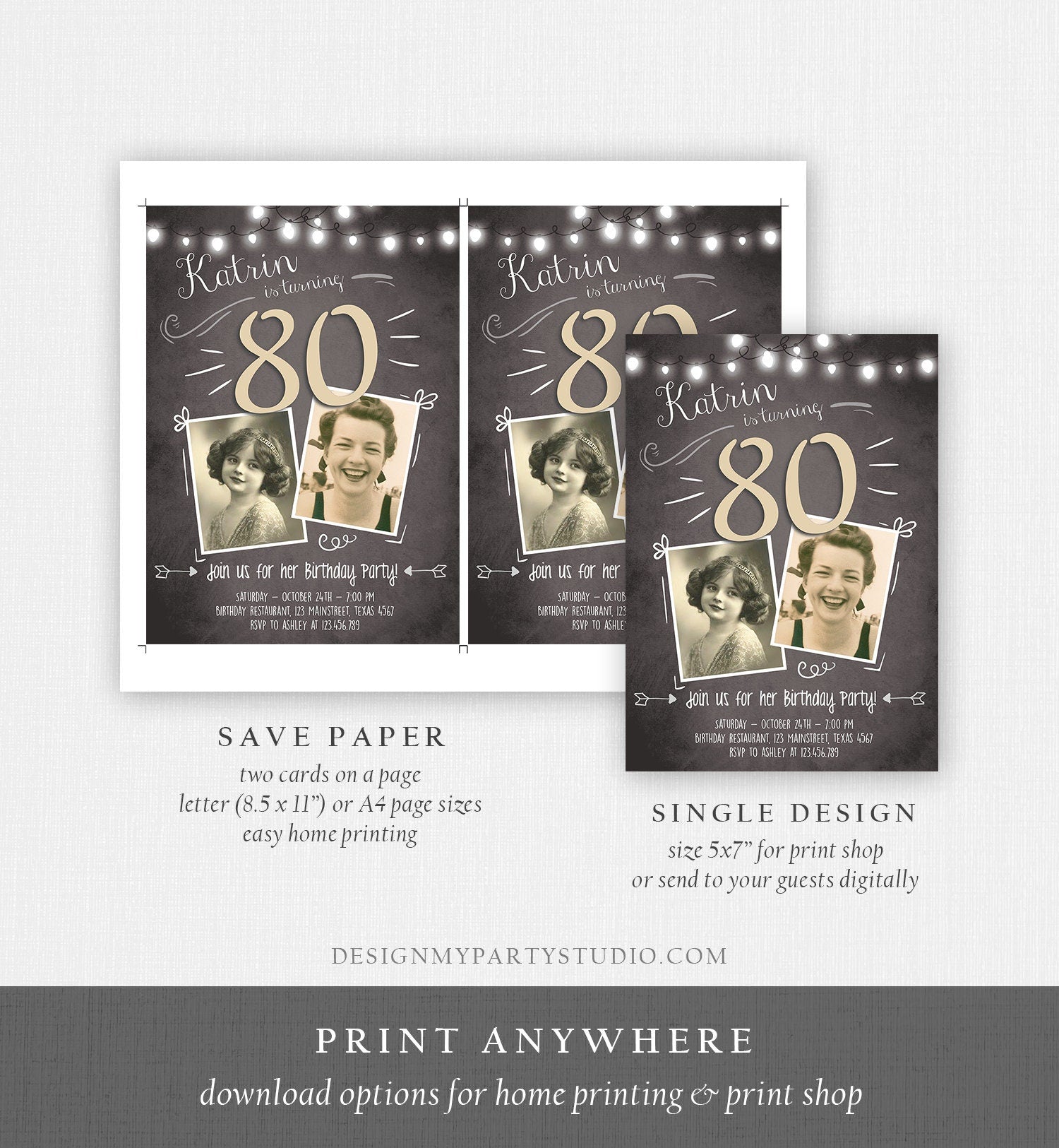 Editable 80th Birthday Invitation ANY AGE Chalkboard Rustic Adult Eighty Photo Vintage Jubilee Anniversary Download Corjl Template 0230