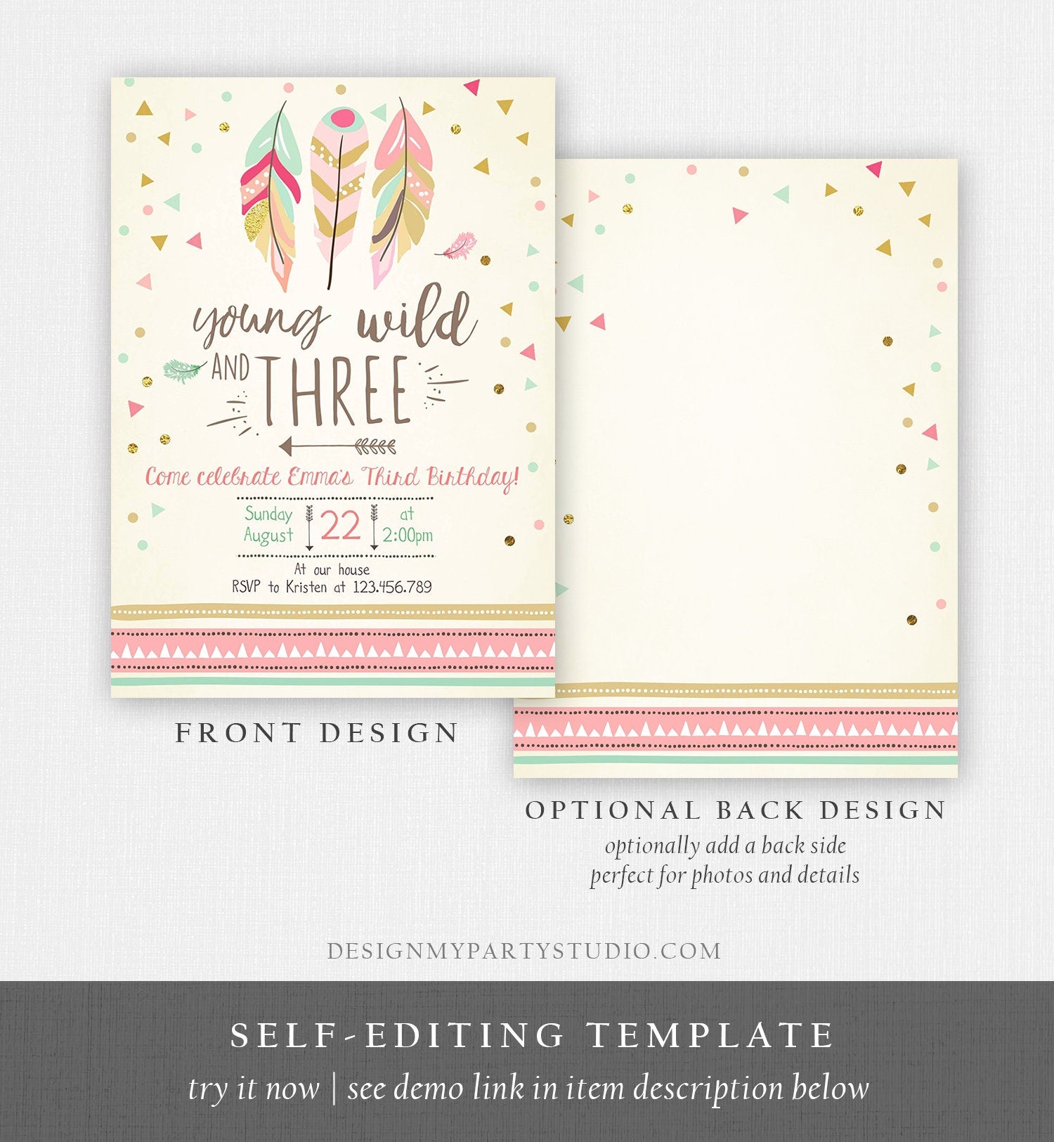 Editable Young Wild and Three Invitation Girl Pink and Gold 3rd Birthday Feathers Boho Download Printable Invite Template Digital Corjl 0073