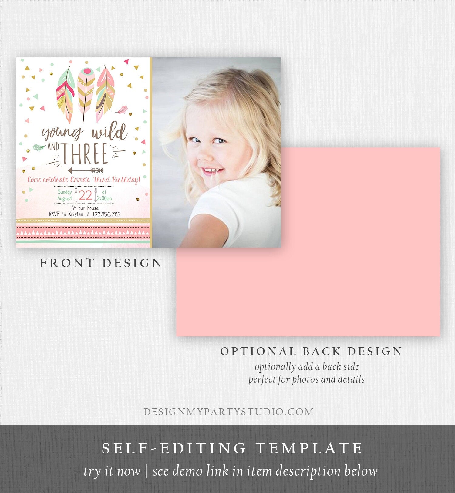 Editable Young Wild and Three Invitation Girl Pink and Gold 3rd Birthday Feathers Boho Digital Download Evite Template Printable 0073