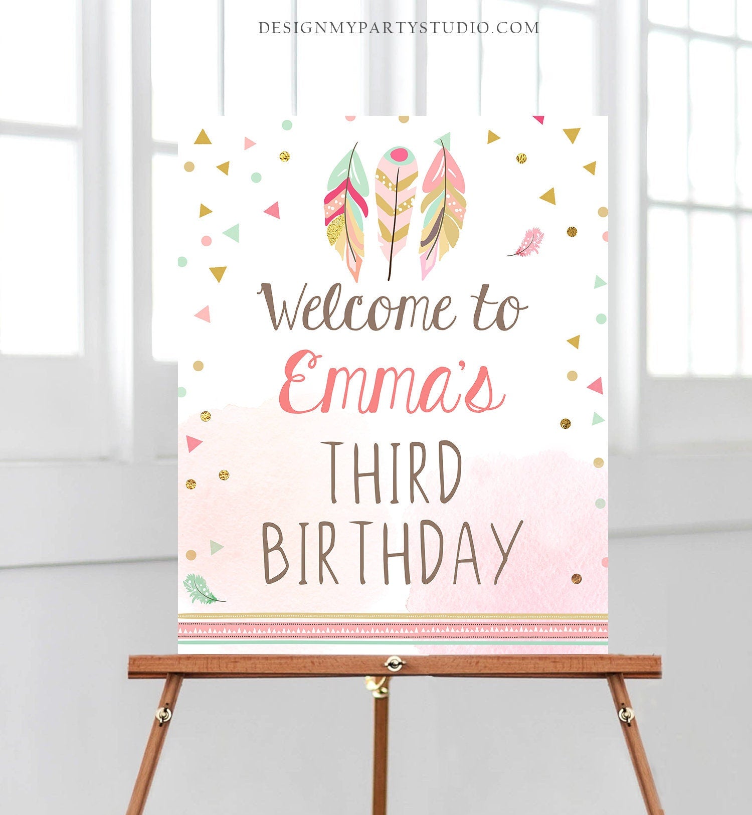 Editable Wild and Three Welcome Sign Third Birthday Decorations Sign Tribal Feathers Pink and Gold Girl Boho Template PRINTABLE Corjl 0073