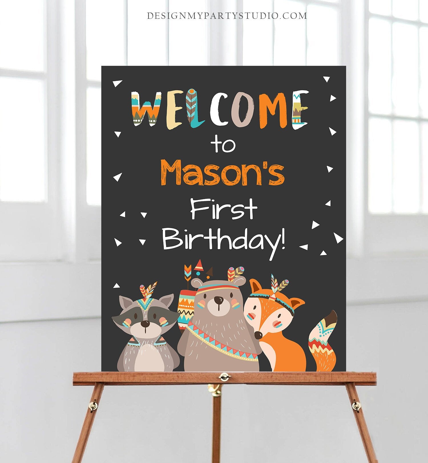 Editable Tribal Woodland Welcome Sign Wild One Birthday Party Welcome Boy First Birthday Tribal Animals Template PRINTABLE Corjl 0061