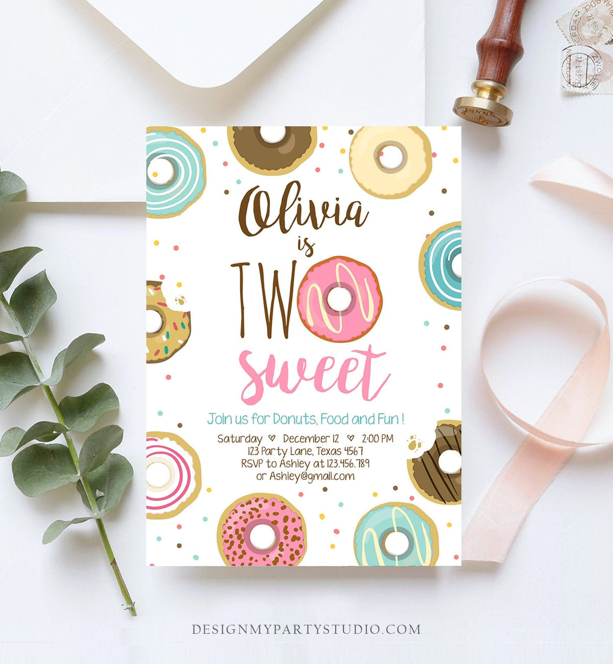 Editable Two Sweet Donut Birthday Invitation Second Birthday Girl Pink Doughnut Party 2nd Download Printable Corjl Template Digital 0050