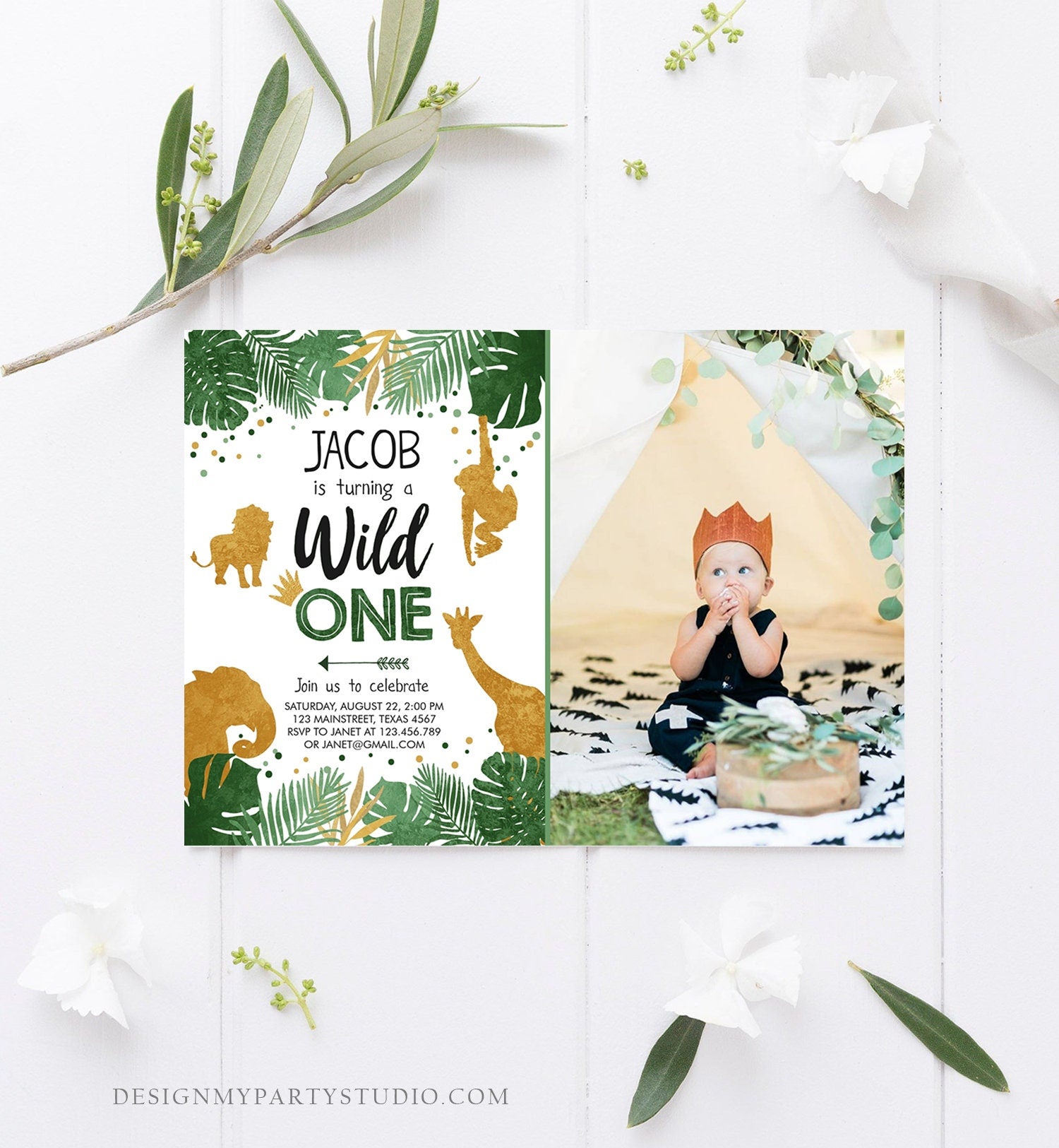 Editable Wild One Birthday Invitation Safari Animals Jungle Zoo Animals Black Gold First Birthday 1st Download Printable Corjl Template 0016