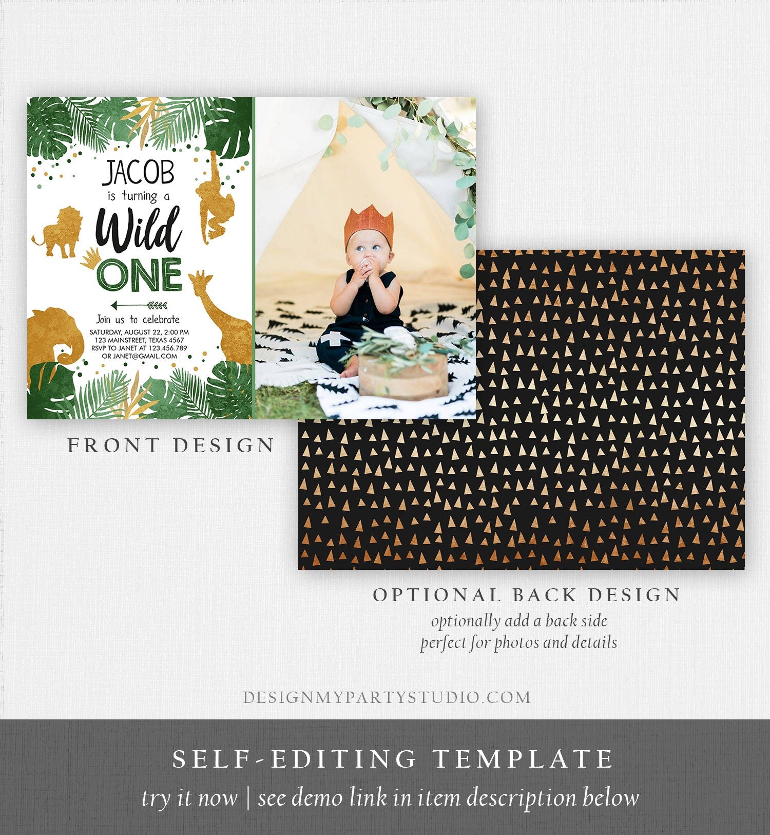 Editable Wild One Birthday Invitation Safari Animals Jungle Zoo Animals Black Gold First Birthday 1st Download Printable Corjl Template 0016