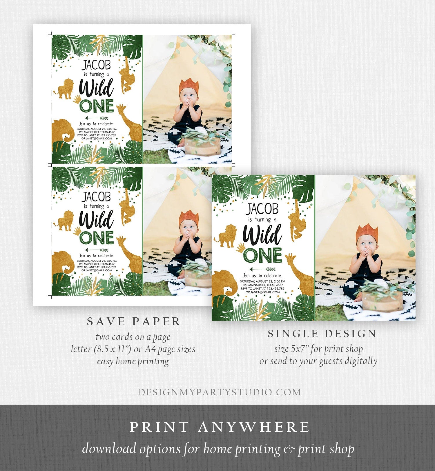 Editable Wild One Birthday Invitation Safari Animals Jungle Zoo Animals Black Gold First Birthday 1st Download Printable Corjl Template 0016