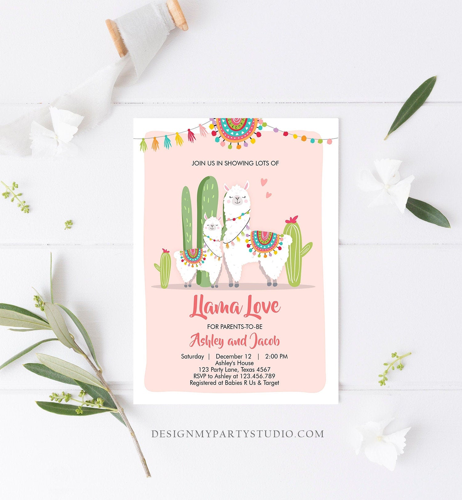 Editable Llama Baby Shower Invitation Llama Love Fiesta Cactus Mexican Couples Coed Shower Pink Girl Download Corjl Template Printable 0079