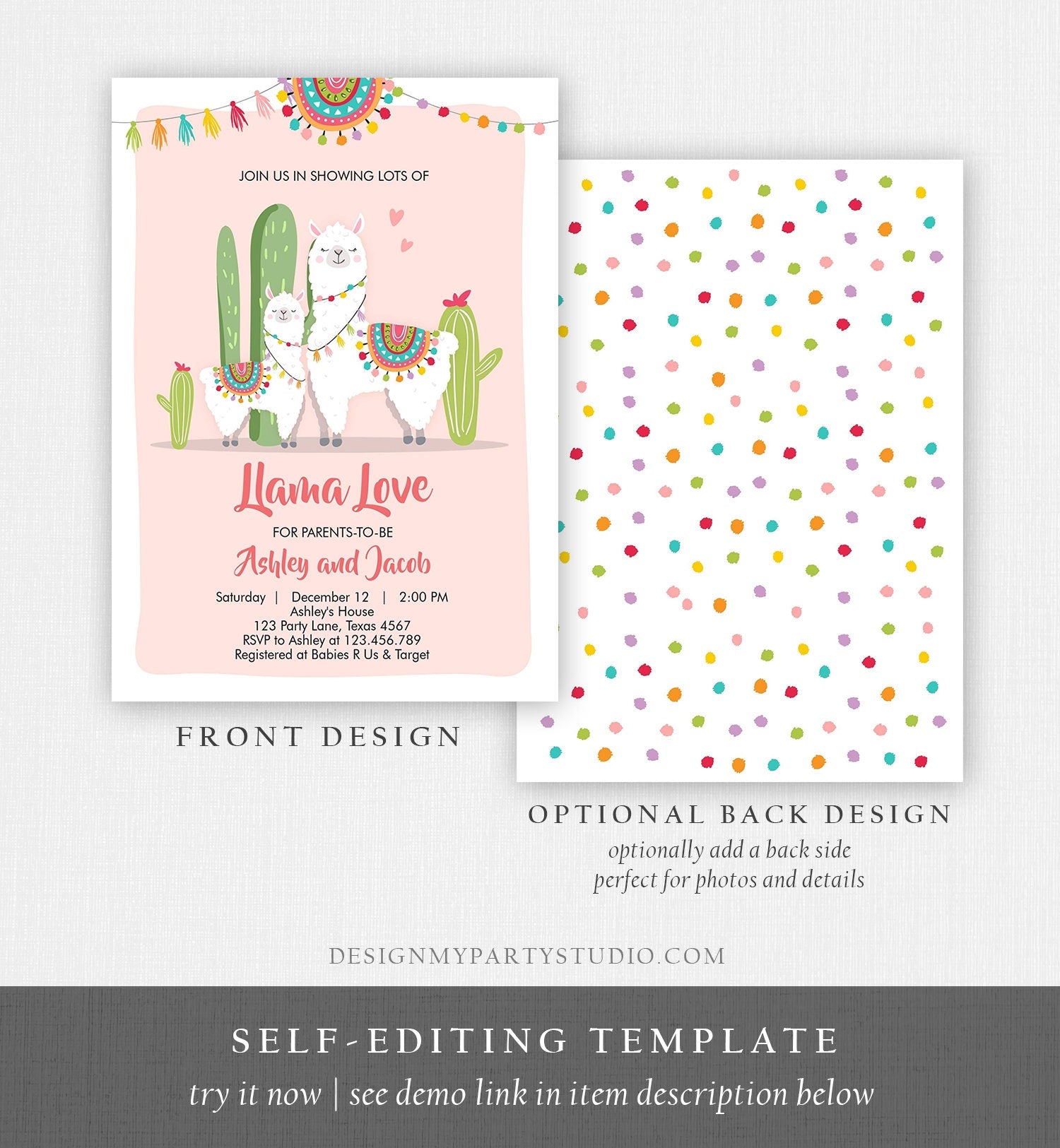 Editable Llama Baby Shower Invitation Llama Love Fiesta Cactus Mexican Couples Coed Shower Pink Girl Download Corjl Template Printable 0079