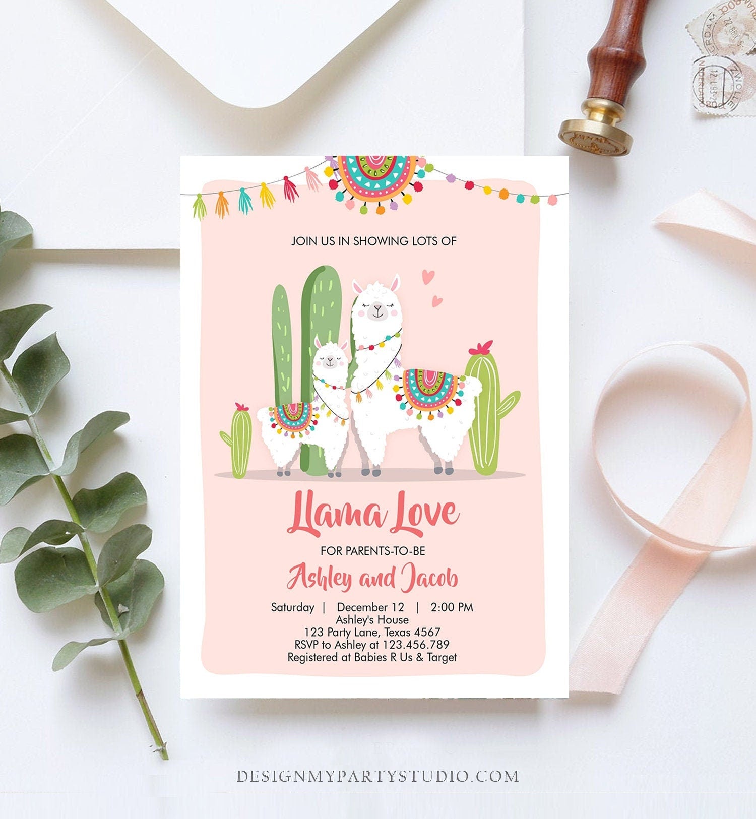 Editable Llama Baby Shower Invitation Llama Love Fiesta Cactus Mexican Couples Coed Shower Pink Girl Download Corjl Template Printable 0079