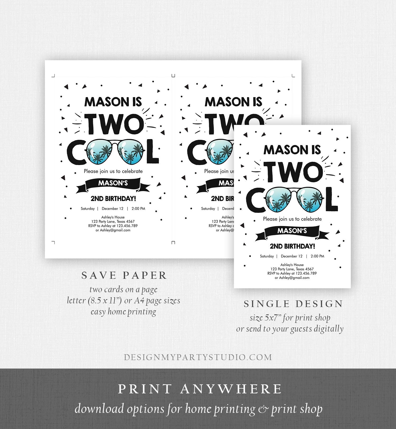 Editable Two Cool Birthday Invitation Boy Second Birthday Party 2nd I'm this Many I'm Two Cool Sunglasses Palm Corjl Template Printable 0136