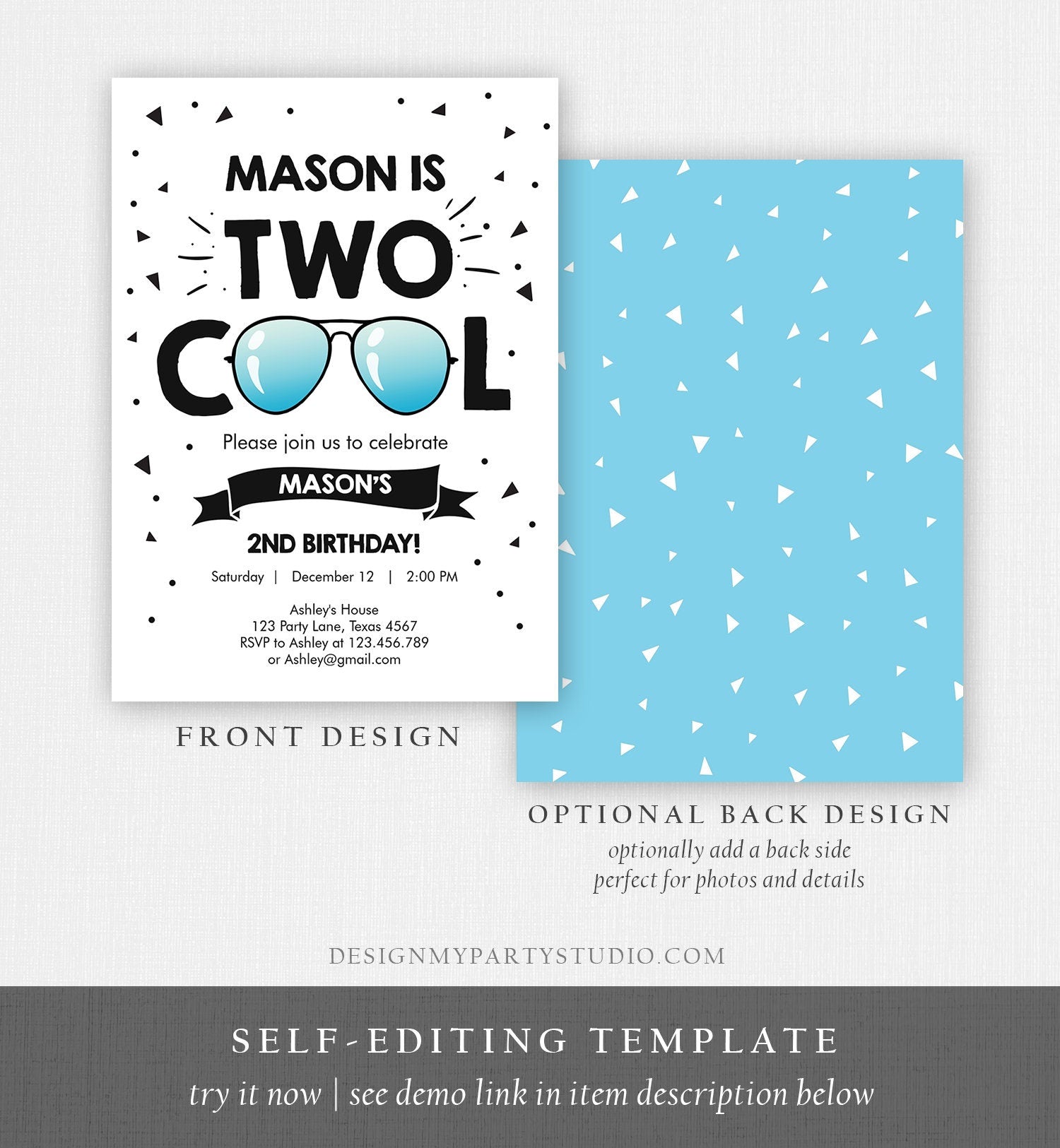 Editable Two Cool Birthday Invitation Boy Second Birthday Party 2nd I'm this Many I'm Two Cool Digital Download Template Printable 0136